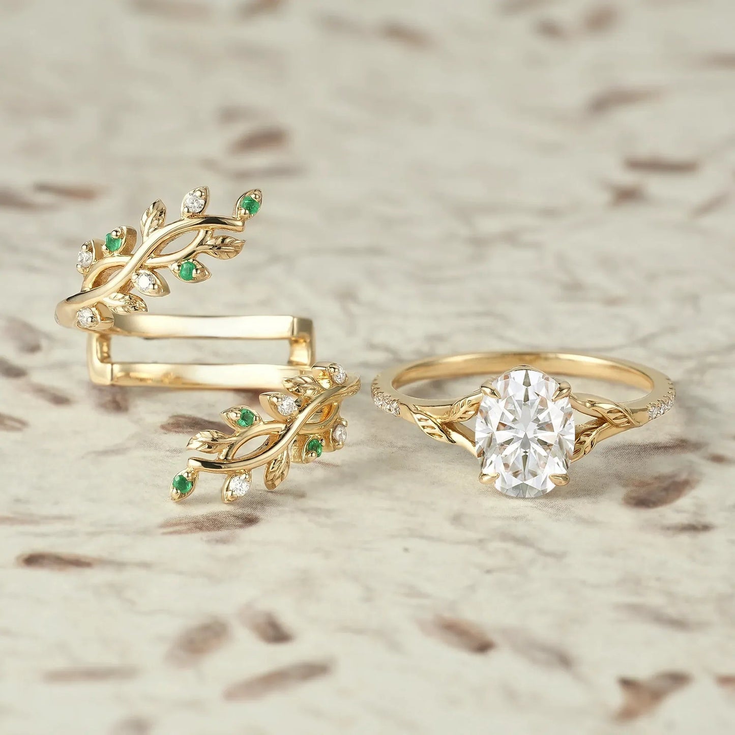 Cross Vine Moissanite and Emerald Ring Set - Valentina - GemsMagic