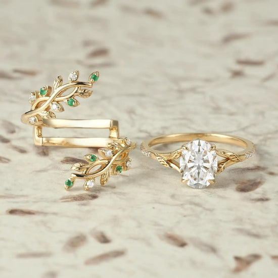 Cross Vine Moissanite and Emerald Ring Set - Valentina - GemsMagic