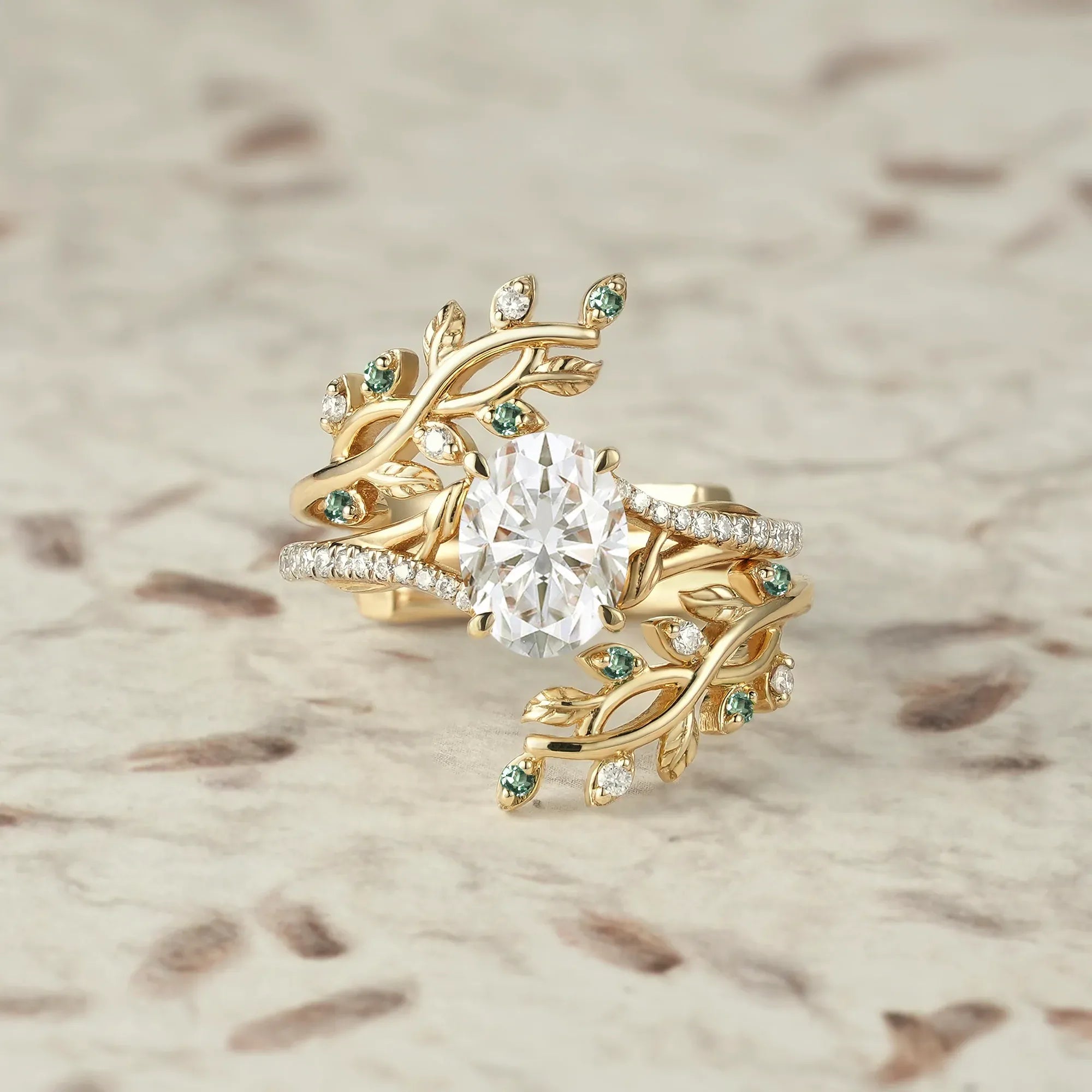 Cross Vine Moissanite and Green Sapphire Ring Set - Lillian - GemsMagic