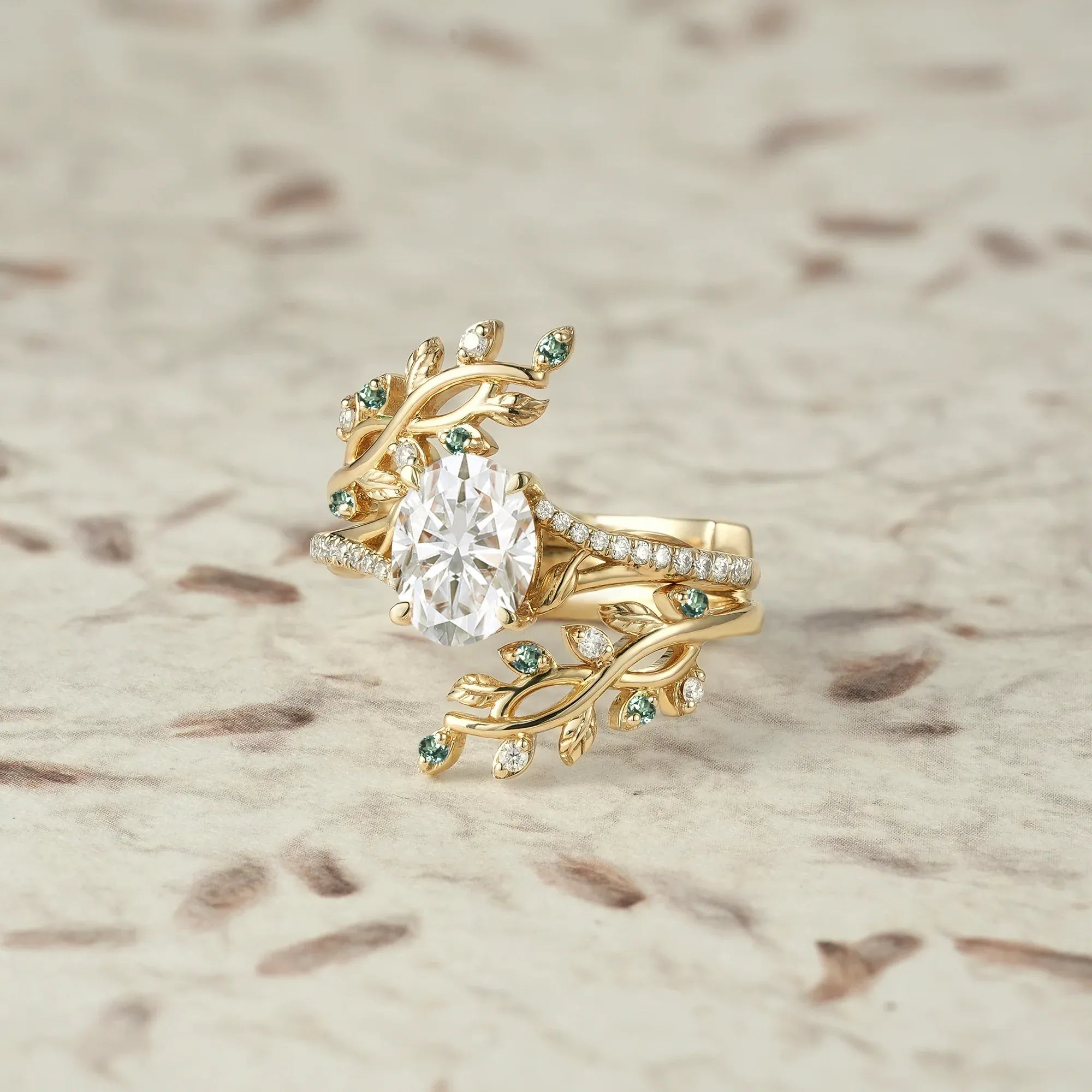 Cross Vine Moissanite and Green Sapphire Ring Set - Lillian - GemsMagic