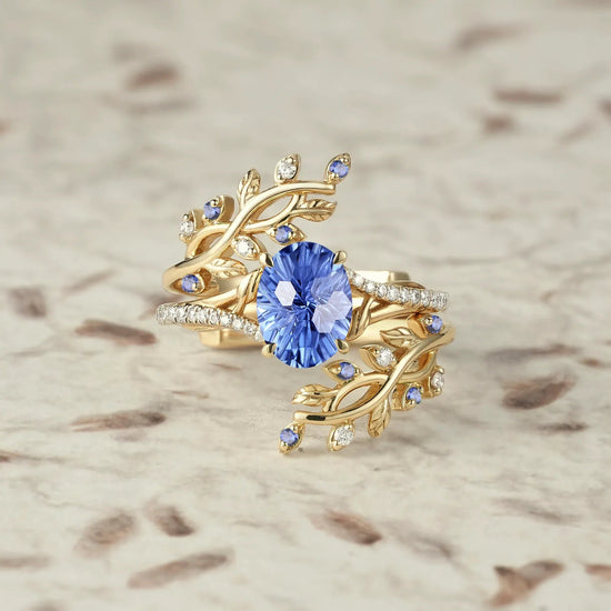 Cross Vine Moissanite and Sparkle Cut Cornflower Sapphire Ring Set - Lillian - GemsMagic