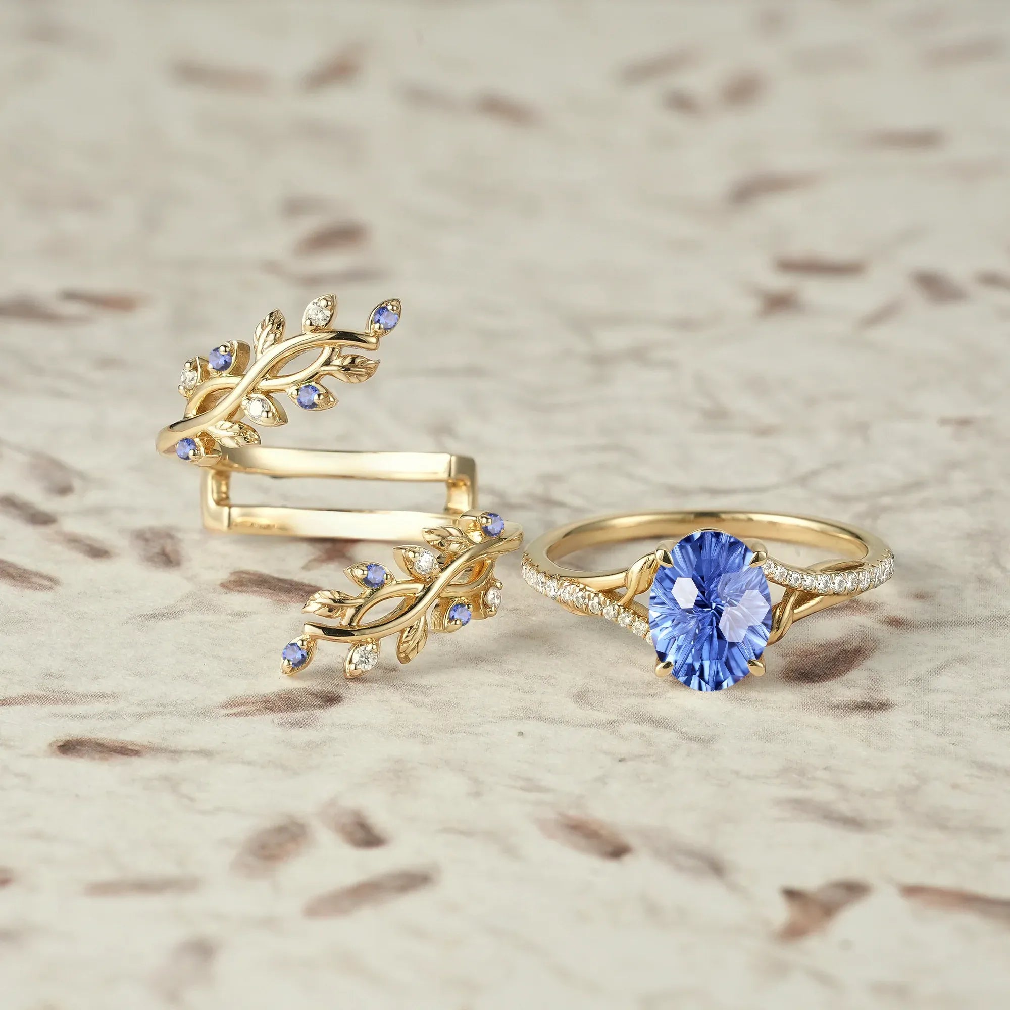 Cross Vine Moissanite and Sparkle Cut Cornflower Sapphire Ring Set - Lillian - GemsMagic