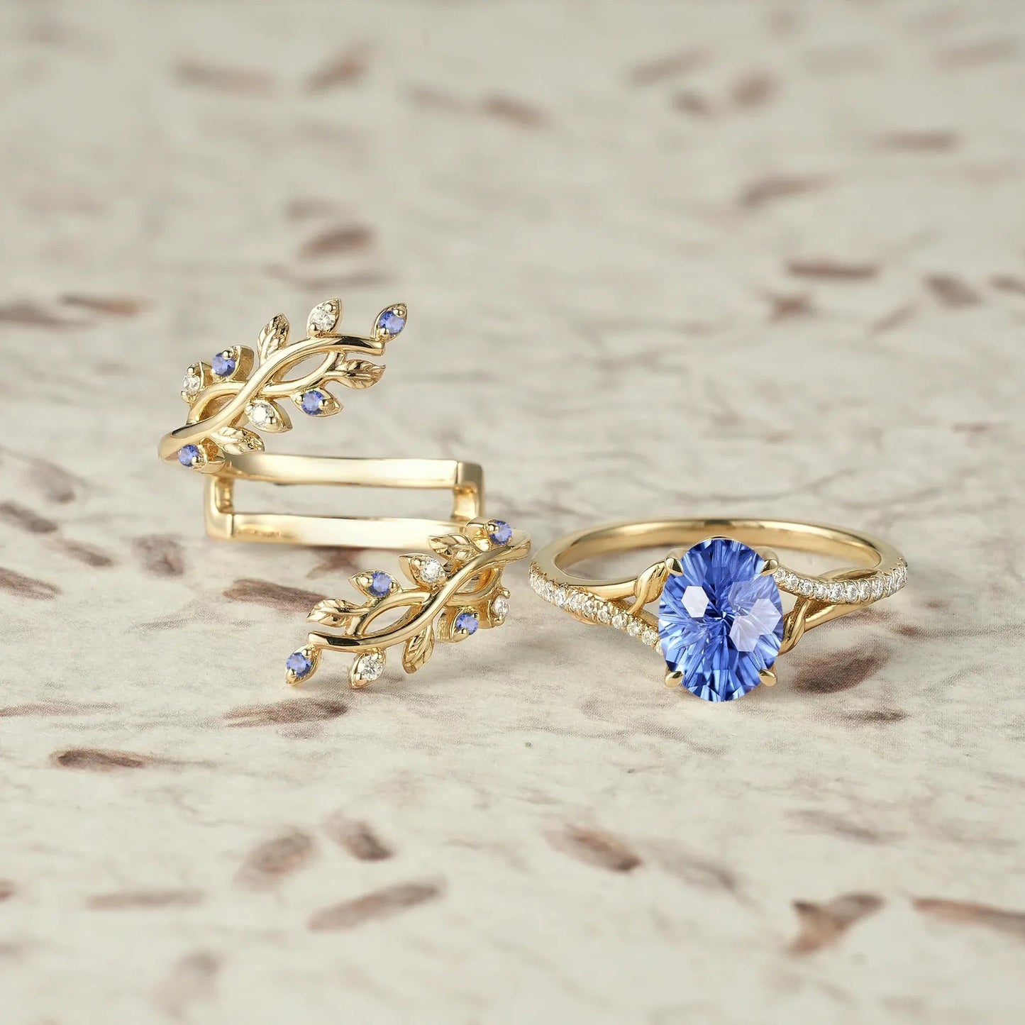 Cross Vine Moissanite and Sparkle Cut Cornflower Sapphire Ring Set - Lillian - GemsMagic