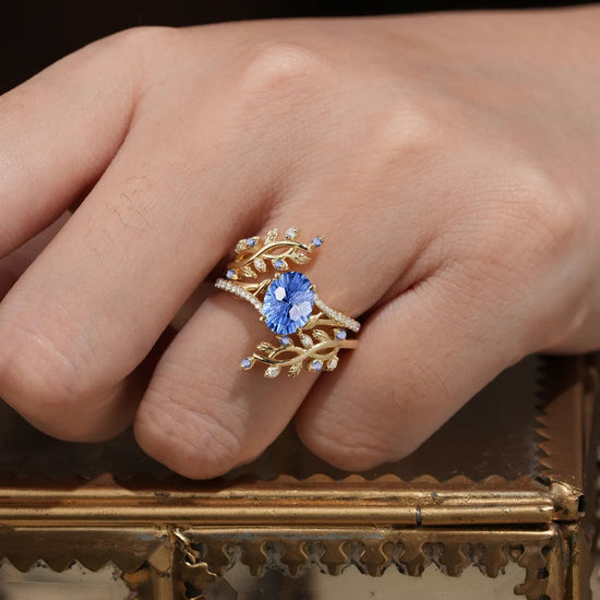 Cross Vine Moissanite and Sparkle Cut Cornflower Sapphire Ring Set - Lillian - GemsMagic