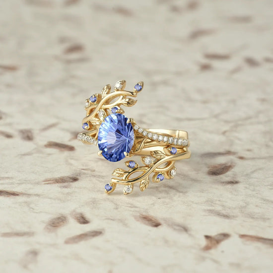 Cross Vine Moissanite and Sparkle Cut Cornflower Sapphire Ring Set - Lillian - GemsMagic