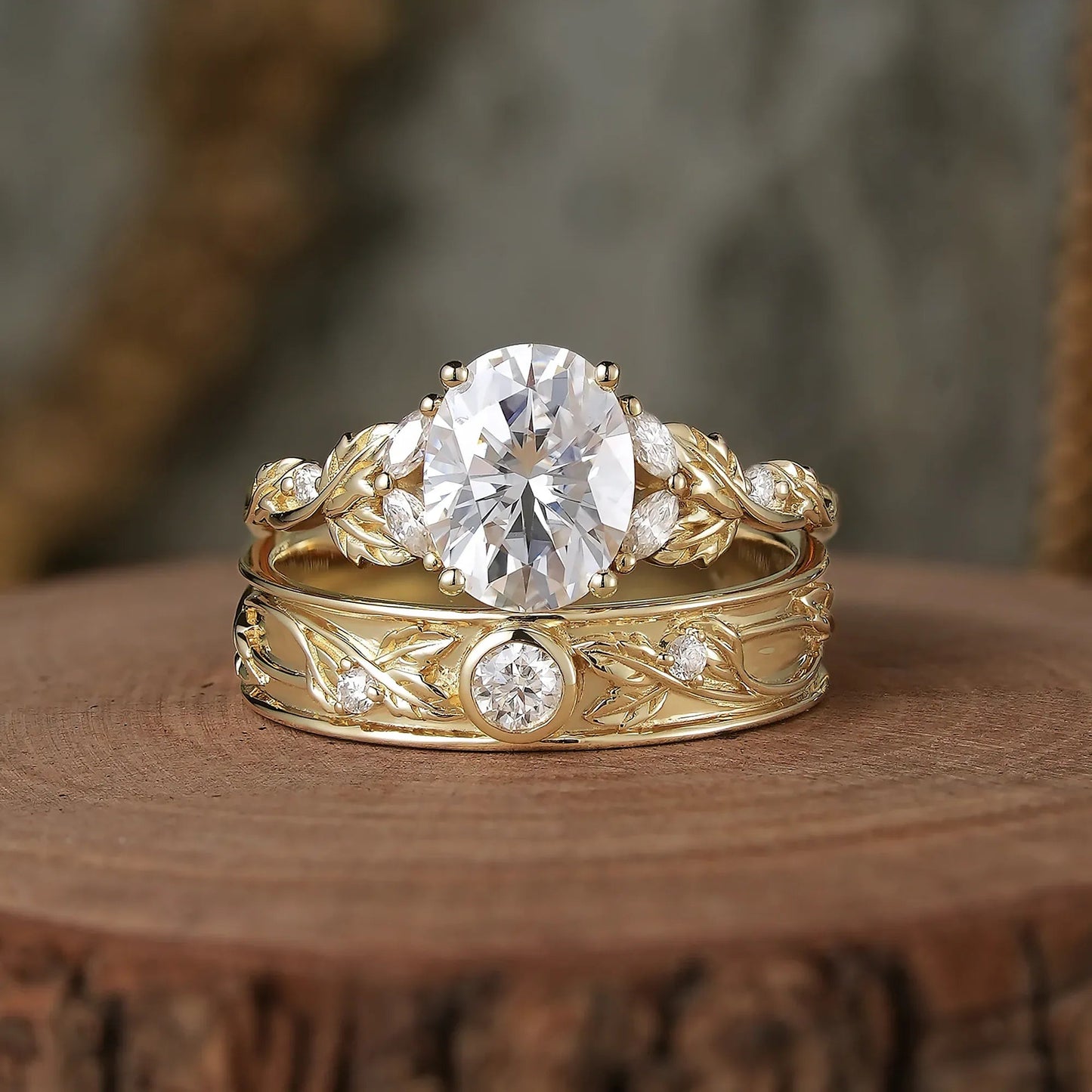 Crossed Leaf Moissanite Couple Ring Set - Eternal Connection - GemsMagic