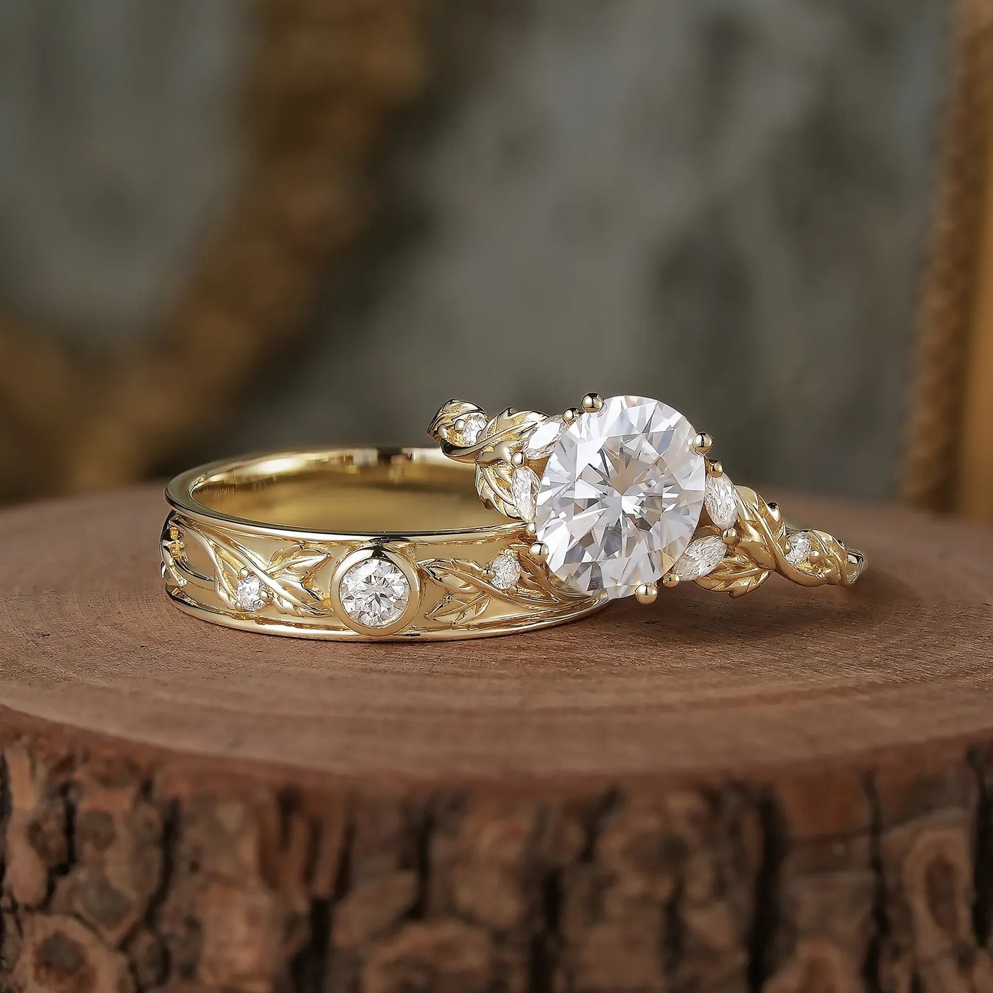 Crossed Leaf Moissanite Couple Ring Set - Eternal Connection - GemsMagic