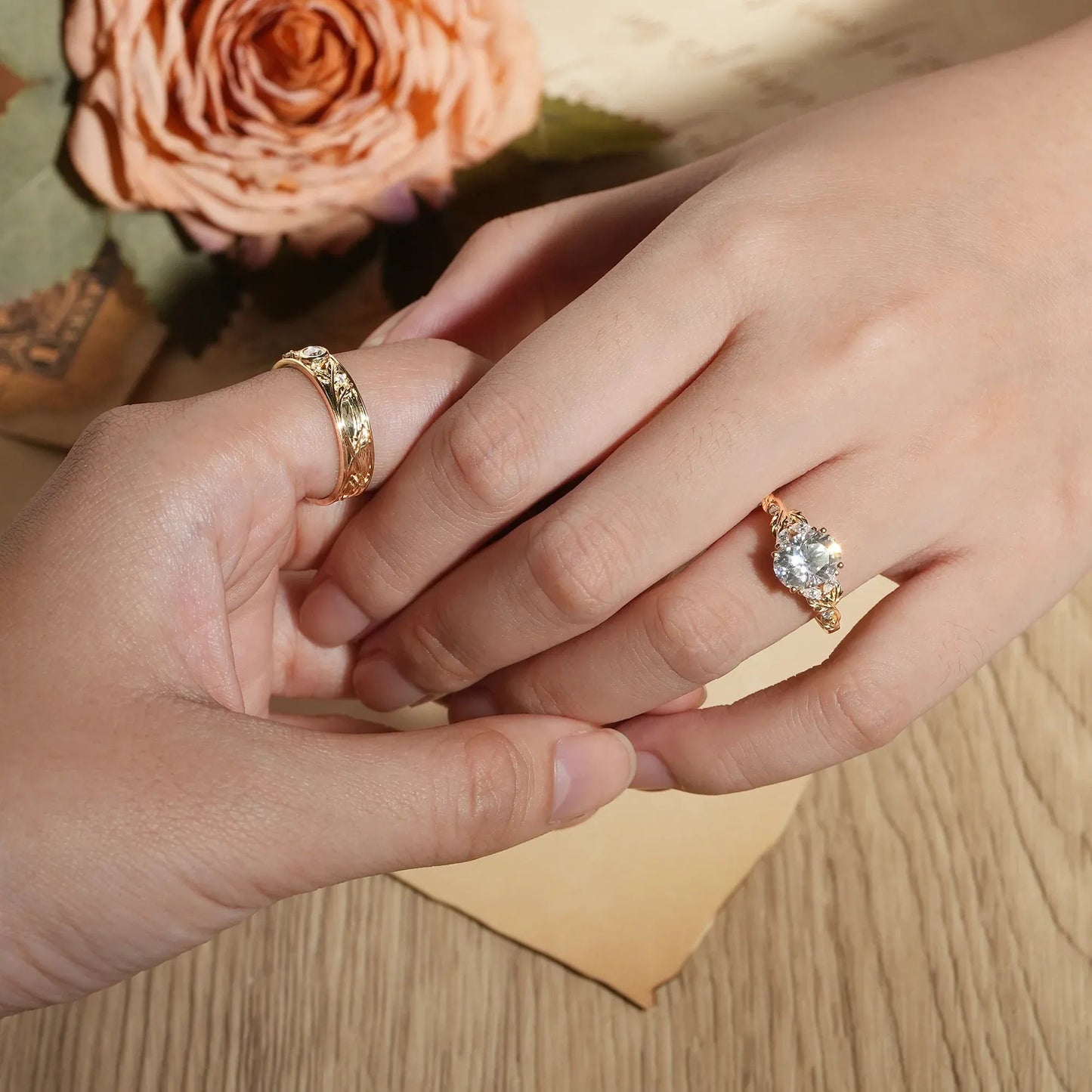 Crossed Leaf Moissanite Couple Ring Set - Eternal Connection - GemsMagic