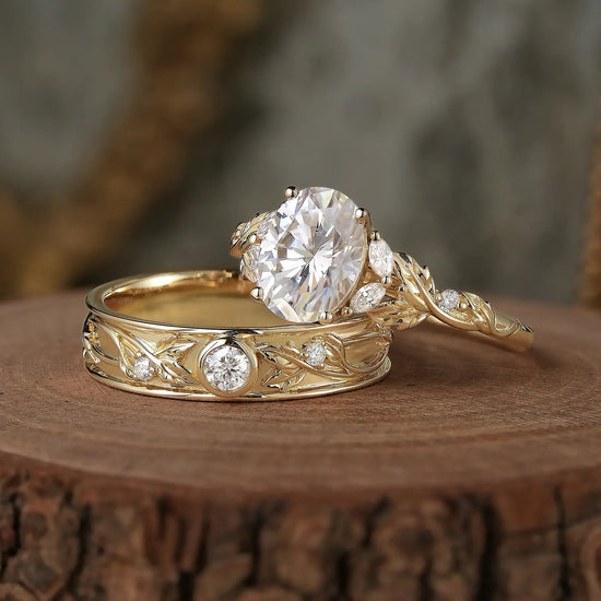 Crossed Leaf Moissanite Couple Ring Set - Eternal Connection - GemsMagic