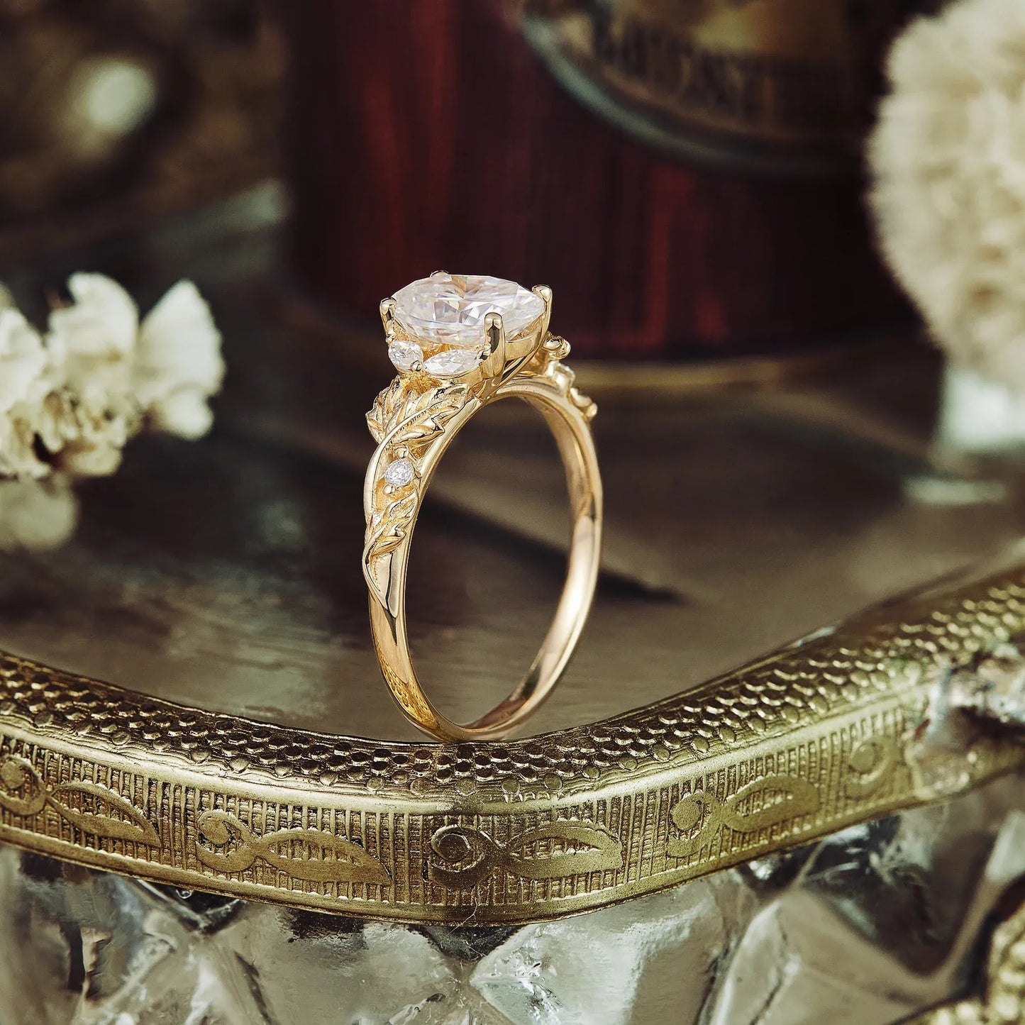 Crossed Leaf Moissanite Engagement Ring - GemsMagic - GemsMagic