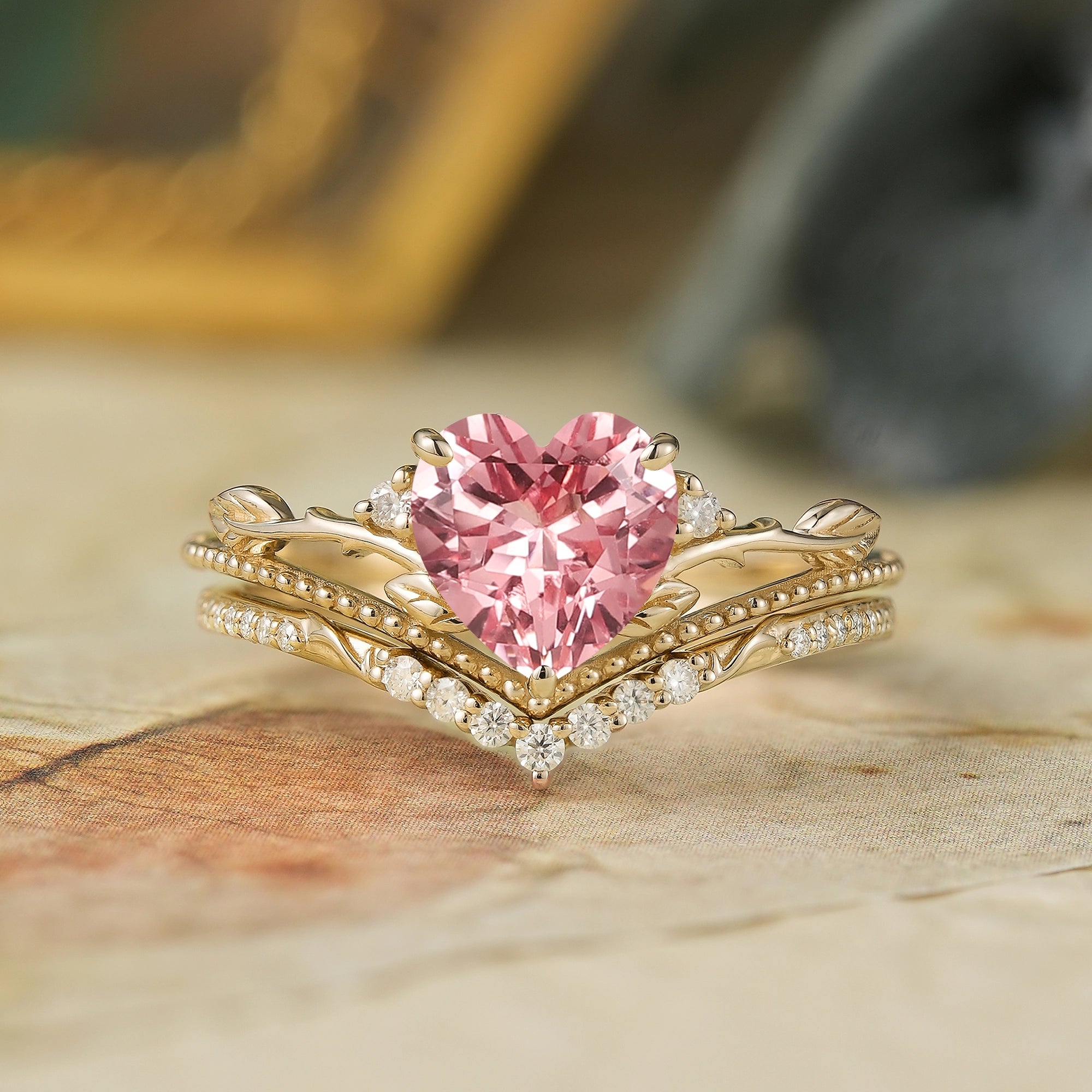 Crown Inspired Heart Shaped Padparadscha Engagement Ring Set - Imogen - GemsMagic
