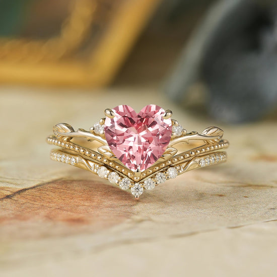 Crown Inspired Heart Shaped Padparadscha Engagement Ring Set - Imogen - GemsMagic