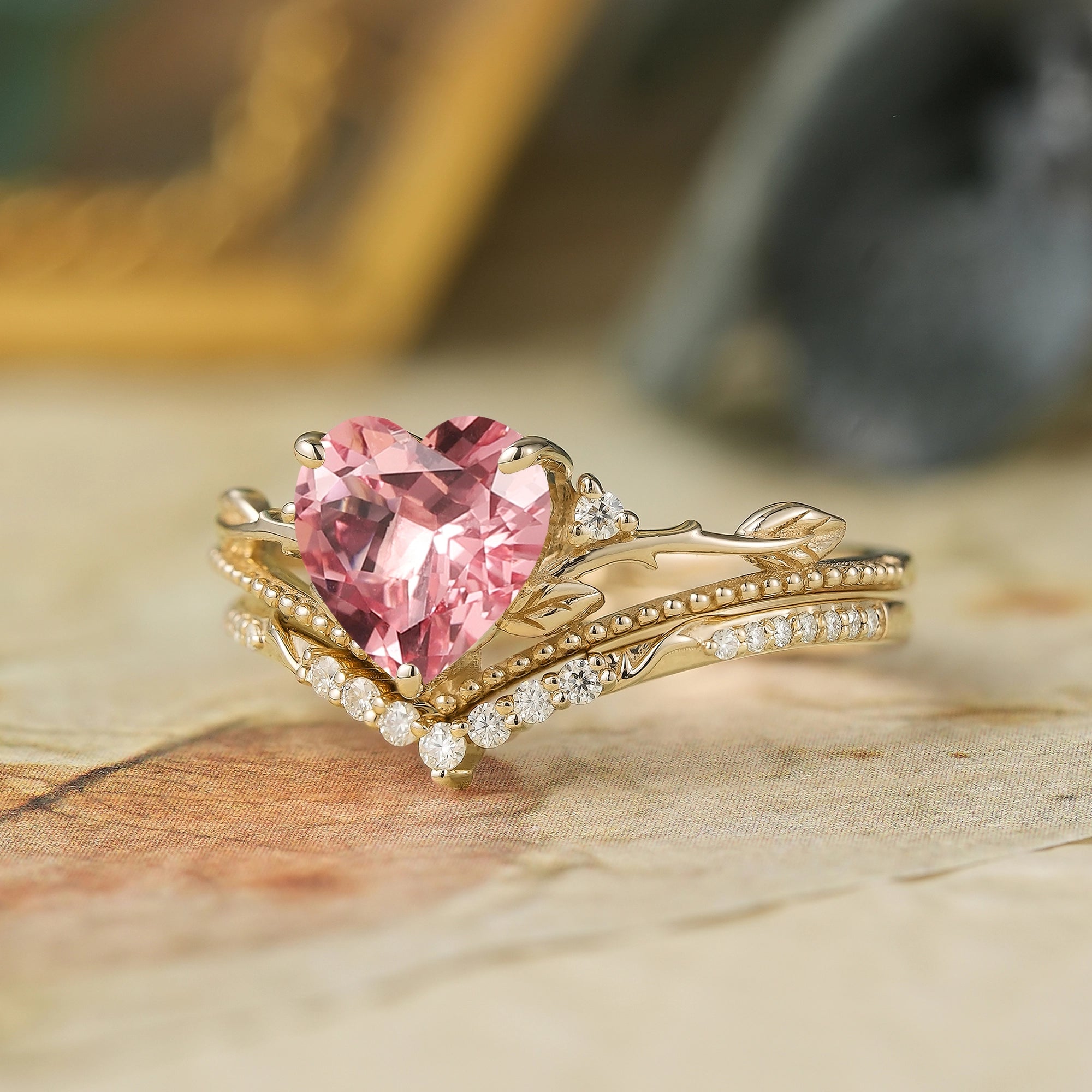 Crown Inspired Heart Shaped Padparadscha Engagement Ring Set - Imogen - GemsMagic