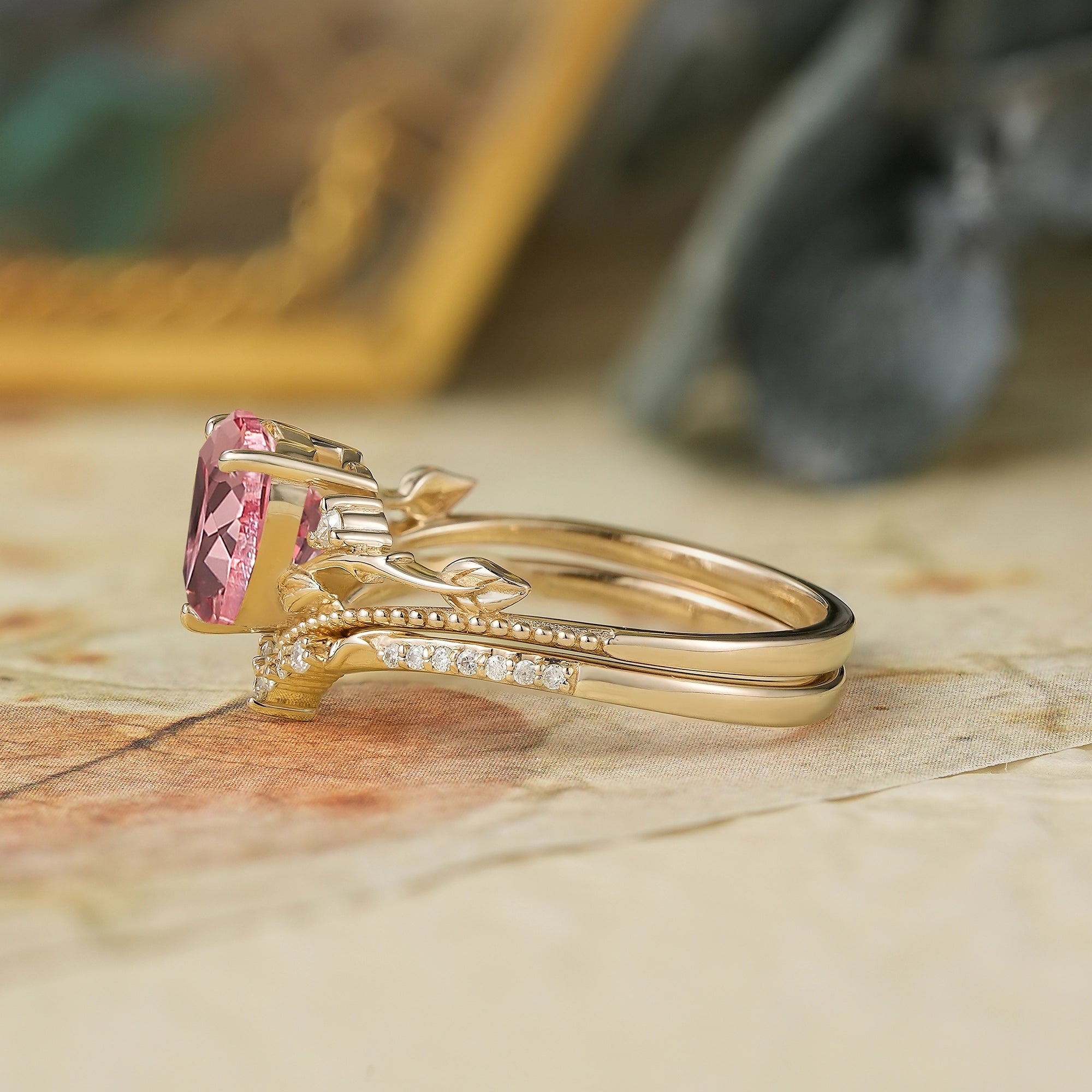 Crown Inspired Heart Shaped Padparadscha Engagement Ring Set - Imogen - GemsMagic