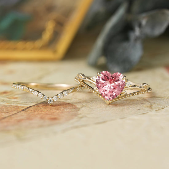 Crown Inspired Heart Shaped Padparadscha Engagement Ring Set - Imogen - GemsMagic