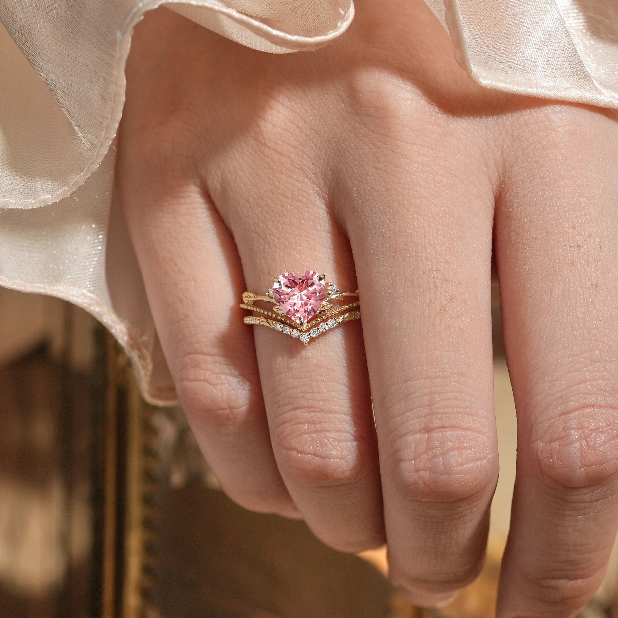 Crown Inspired Heart Shaped Padparadscha Engagement Ring Set - Imogen - GemsMagic