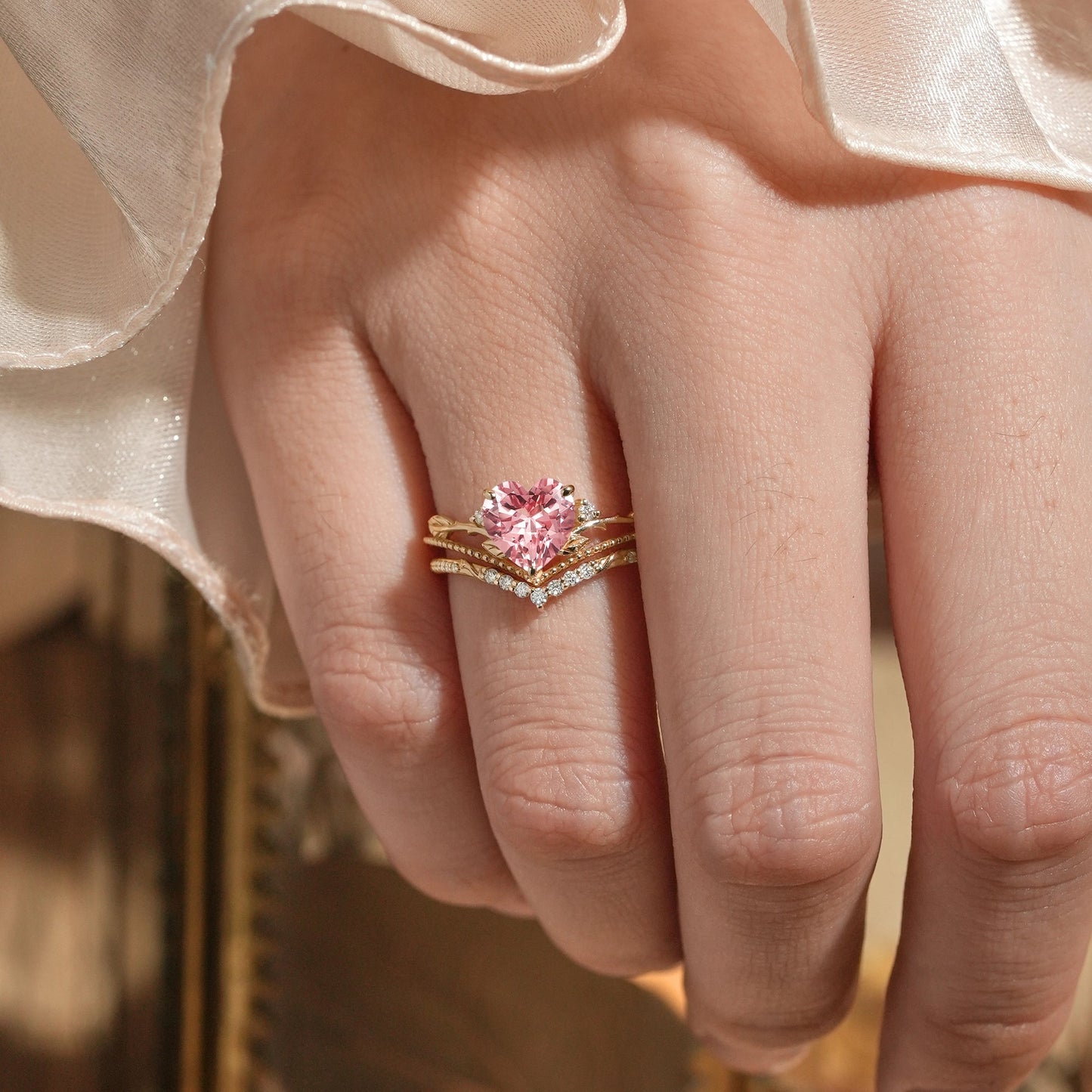 Crown Inspired Heart Shaped Padparadscha Engagement Ring Set - Imogen - GemsMagic