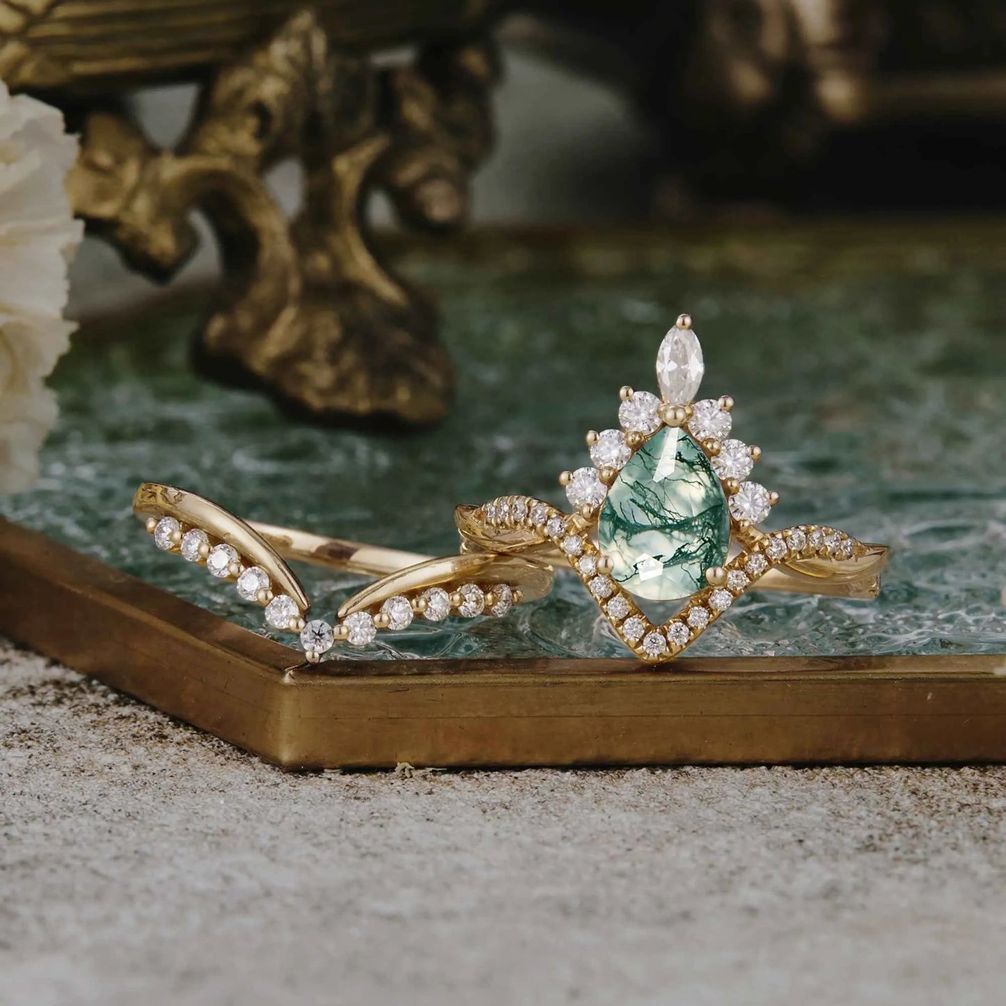 Crown Inspired Moss Agate Ring Set 2pcs - GemsMagic - GemsMagic