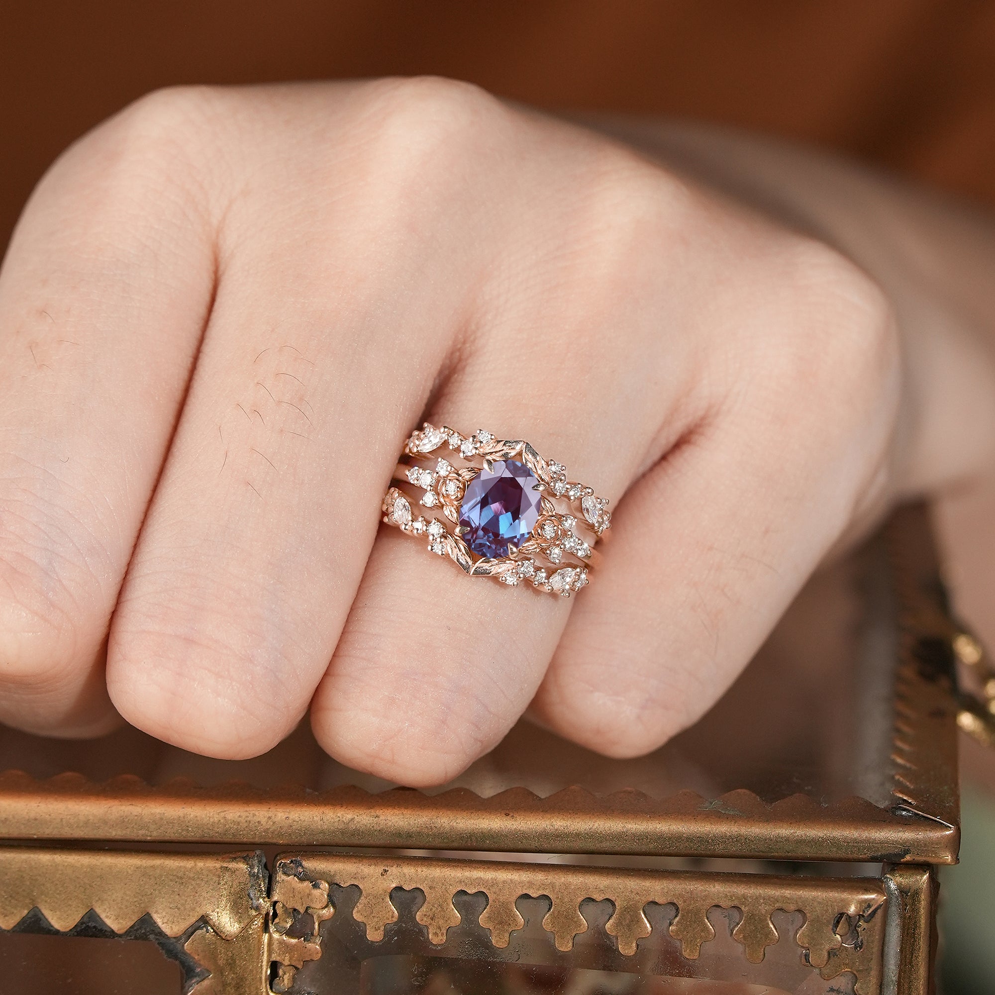 Crown Oval Alexandrite & Rose Moissanite Enhancer Ring Set - Soleil - GemsMagic