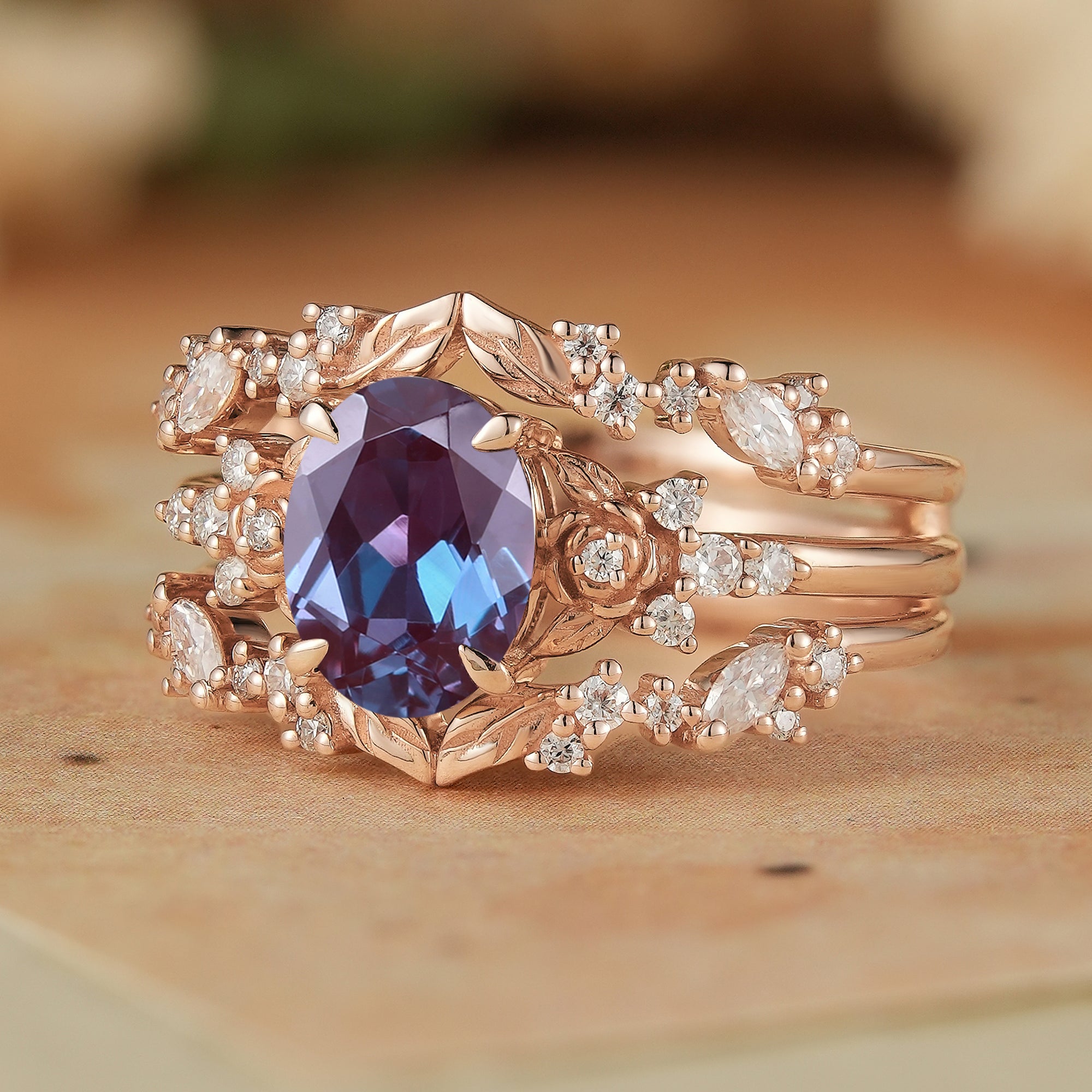 Crown Oval Alexandrite & Rose Moissanite Enhancer Ring Set - Soleil - GemsMagic