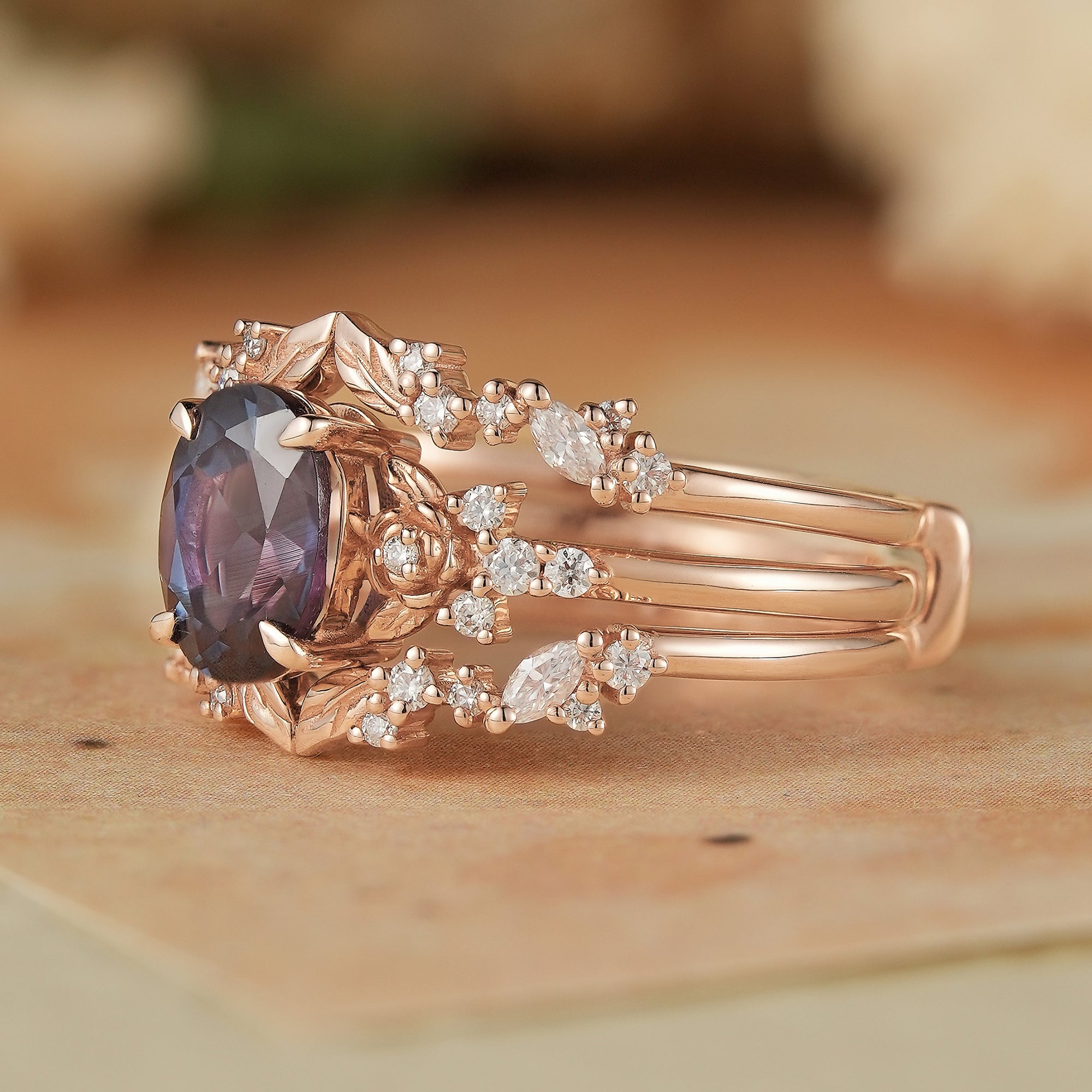 Crown Oval Alexandrite & Rose Moissanite Enhancer Ring Set - Soleil - GemsMagic