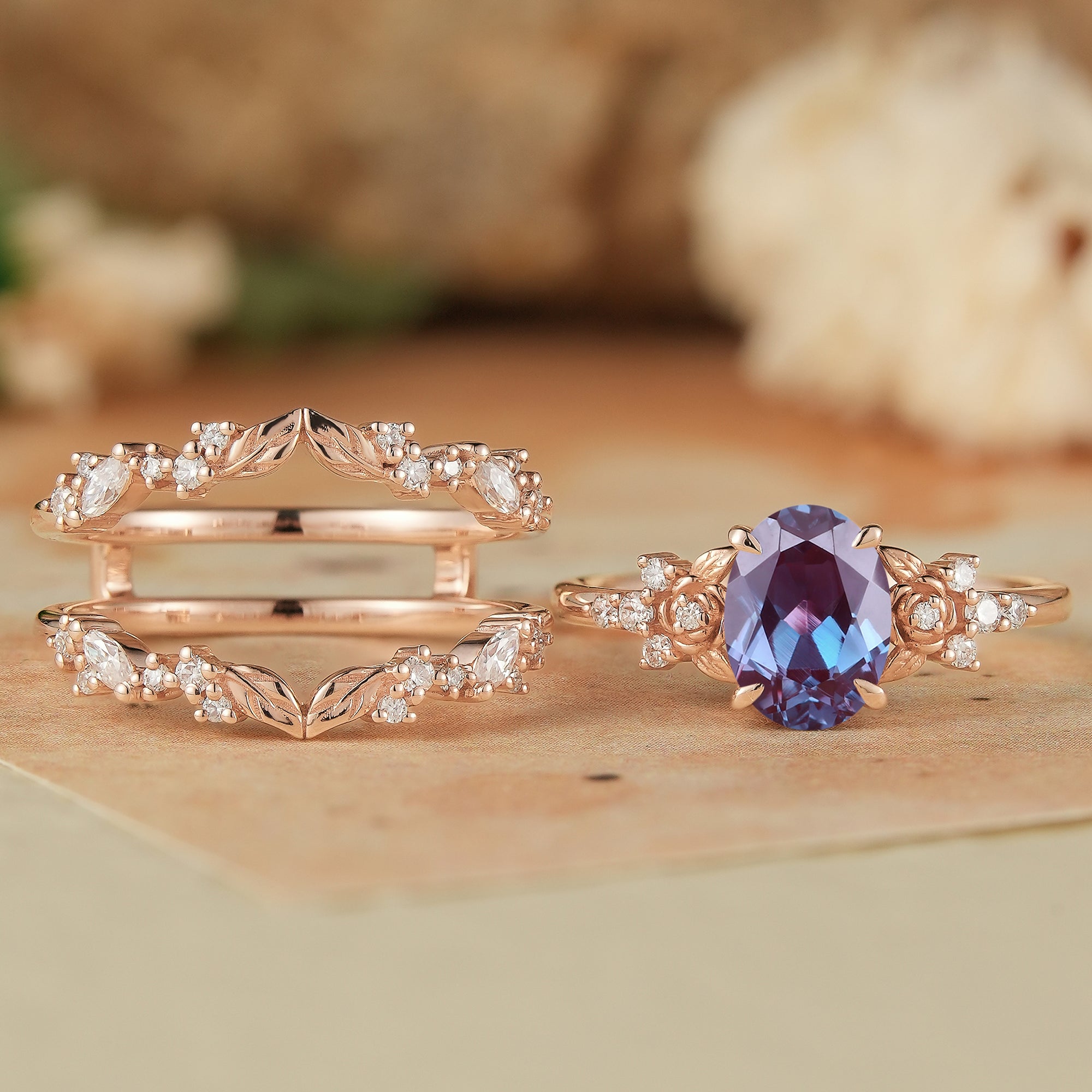 Crown Oval Alexandrite & Rose Moissanite Enhancer Ring Set - Soleil - GemsMagic