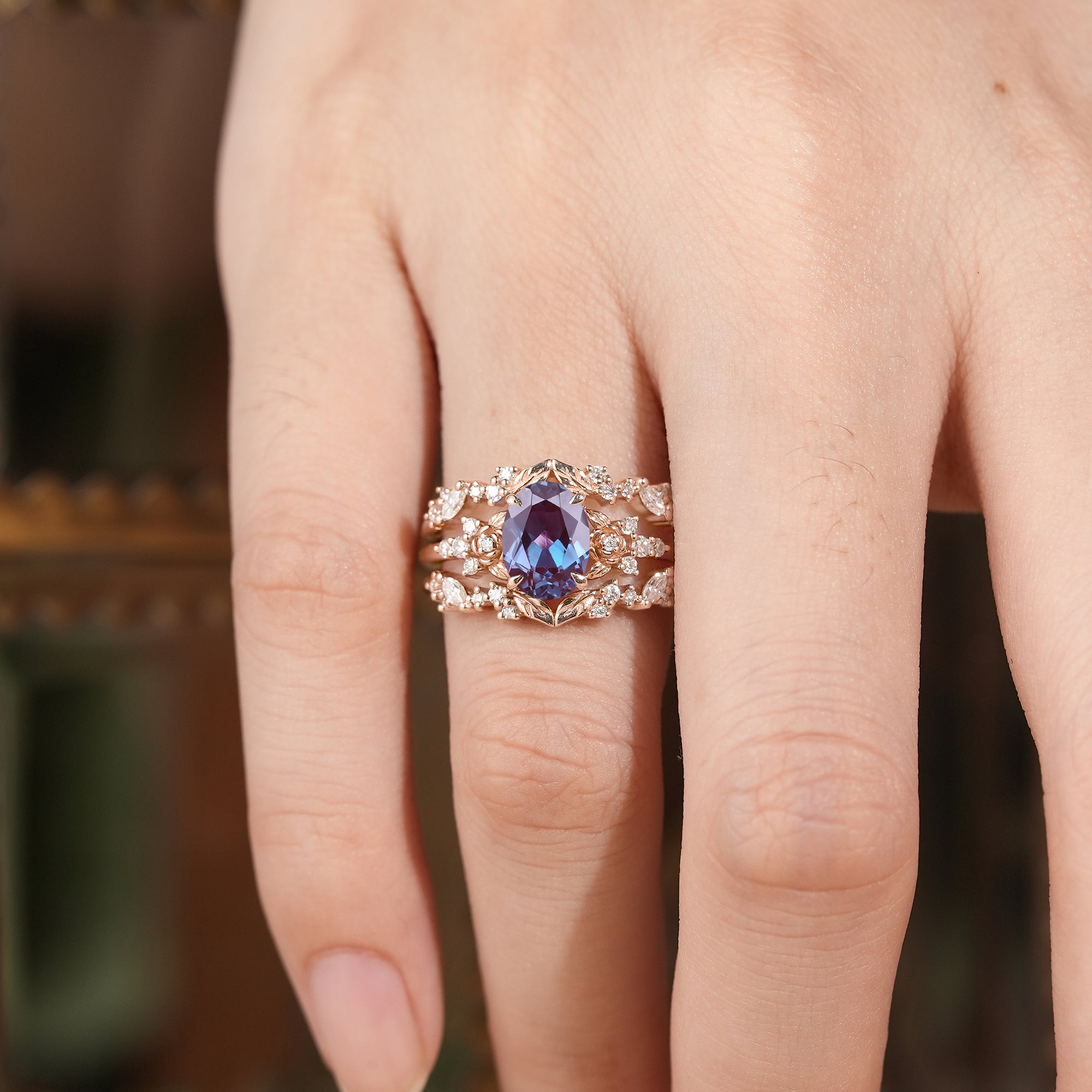 Crown Oval Alexandrite & Rose Moissanite Enhancer Ring Set - Soleil - GemsMagic