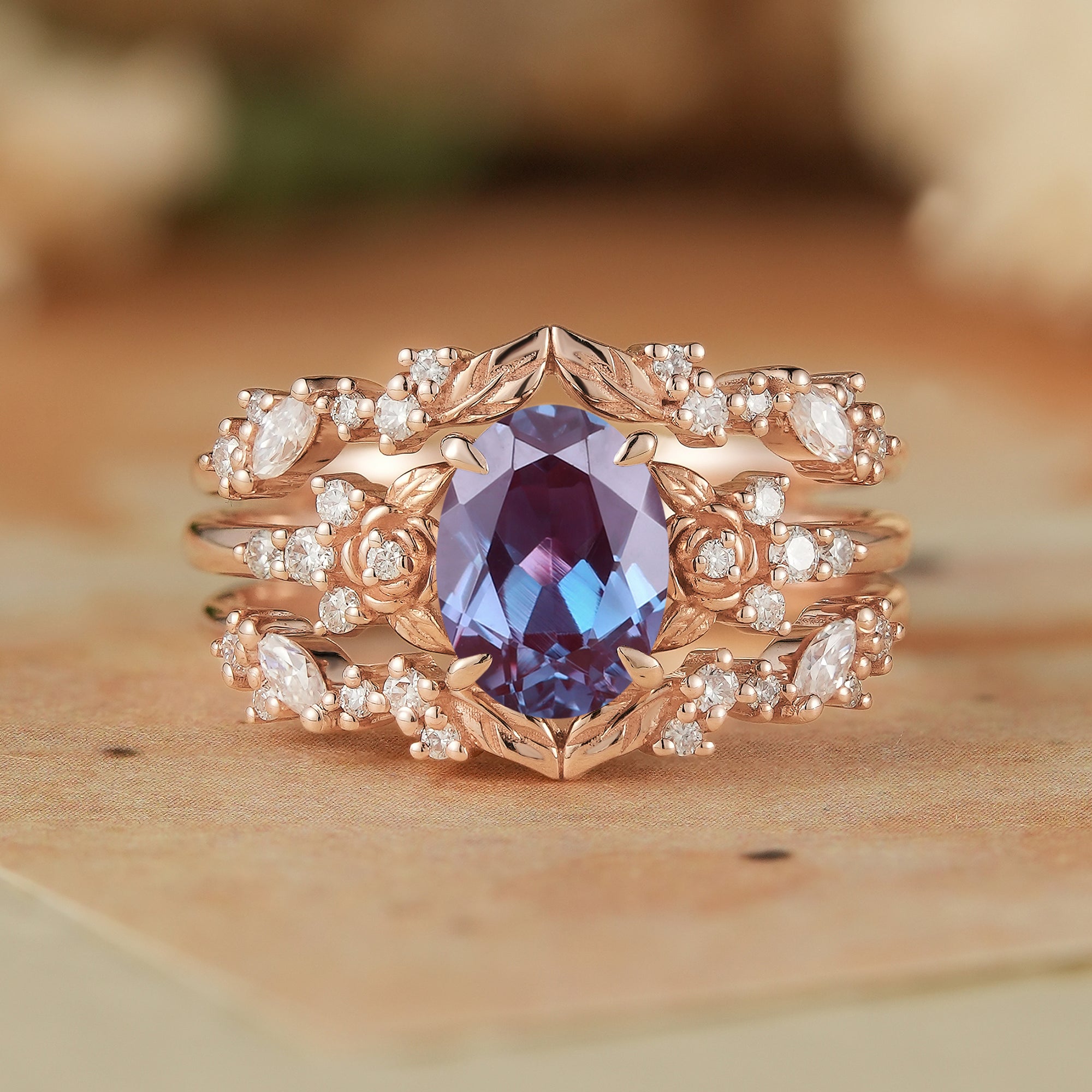 Crown Oval Alexandrite & Rose Moissanite Enhancer Ring Set - Soleil - GemsMagic