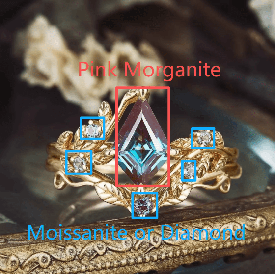 Custom Kite Shaped Pink Morganite Leaves Engagement Ring Set 2pcs for Tammy Sitarz - GemsMagic