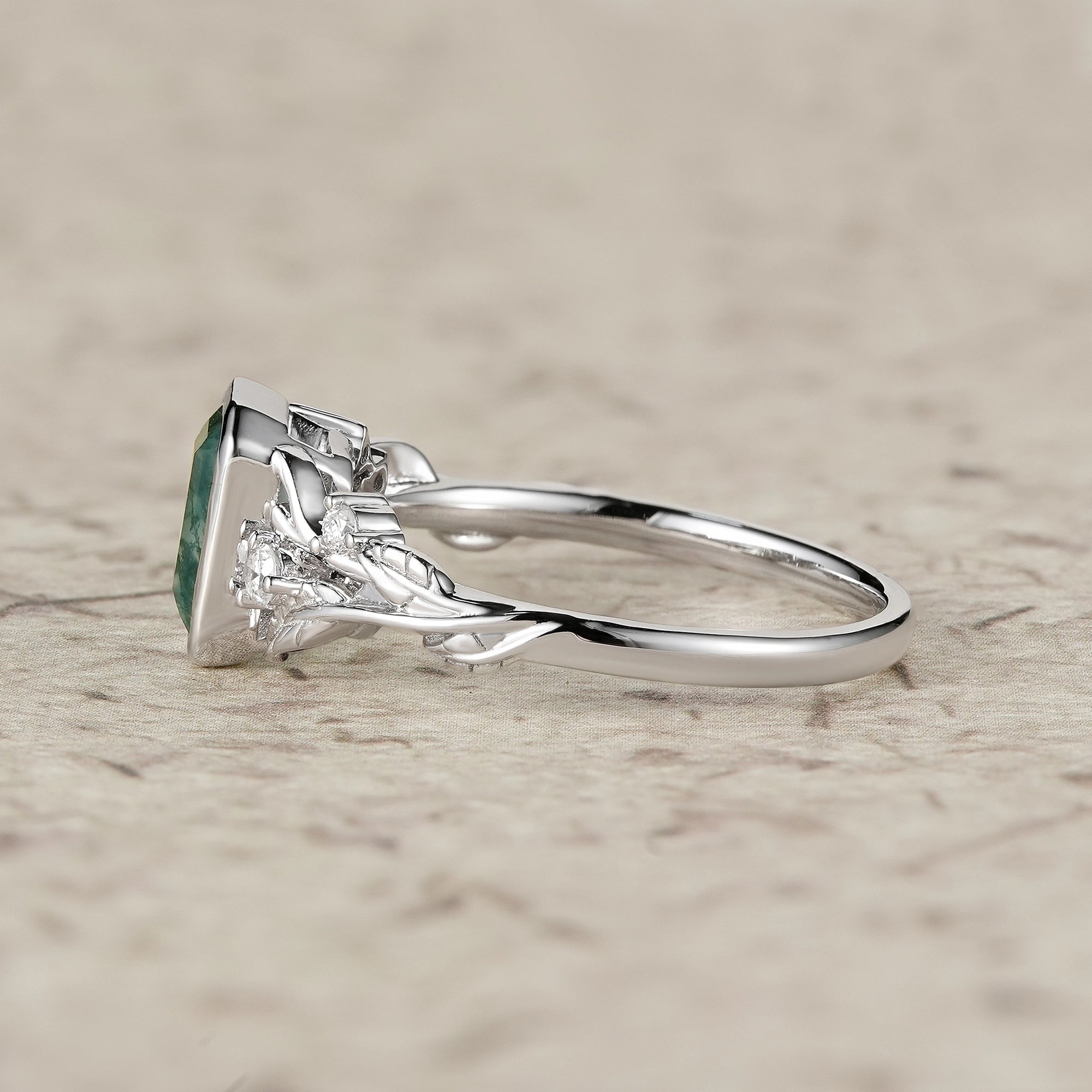 Dainty Emerald Cut Moss Agate Bazel Engagement Ring - Lily - GemsMagic