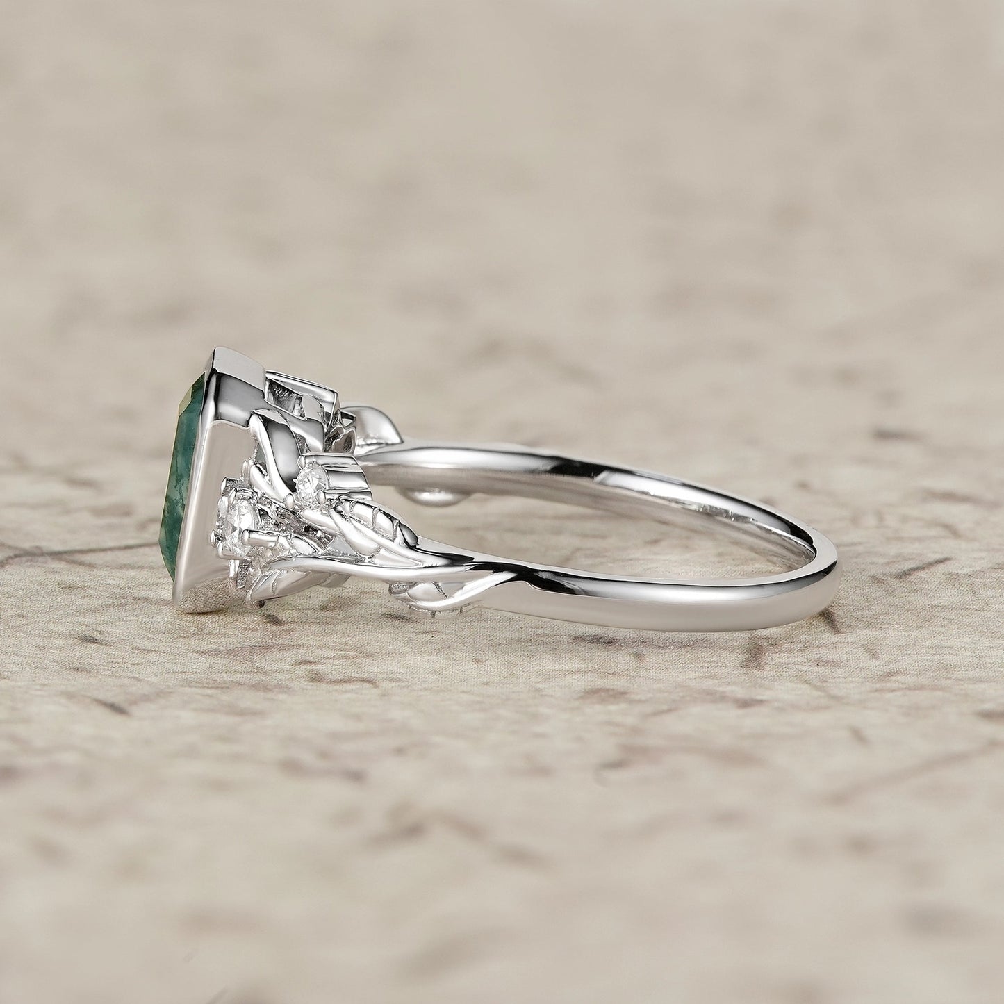 Dainty Emerald Cut Moss Agate Bazel Engagement Ring - Lily - GemsMagic