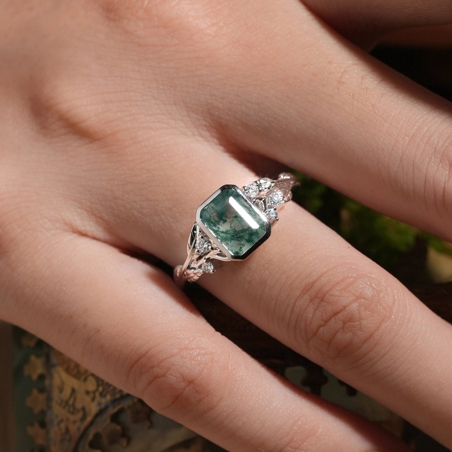 Dainty Emerald Cut Moss Agate Bazel Engagement Ring - Lily - GemsMagic