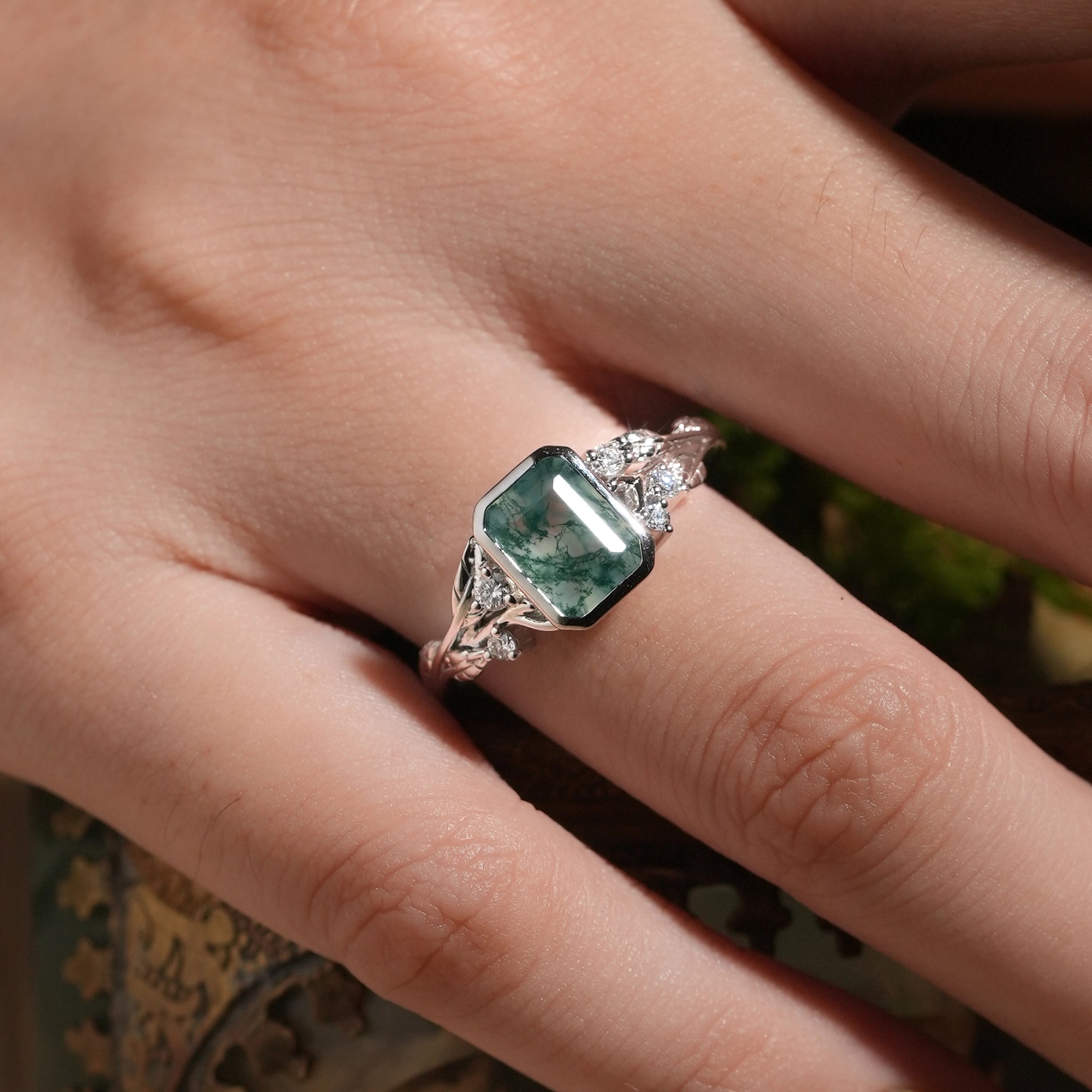 Dainty Emerald Cut Moss Agate Bazel Engagement Ring - Lily - GemsMagic