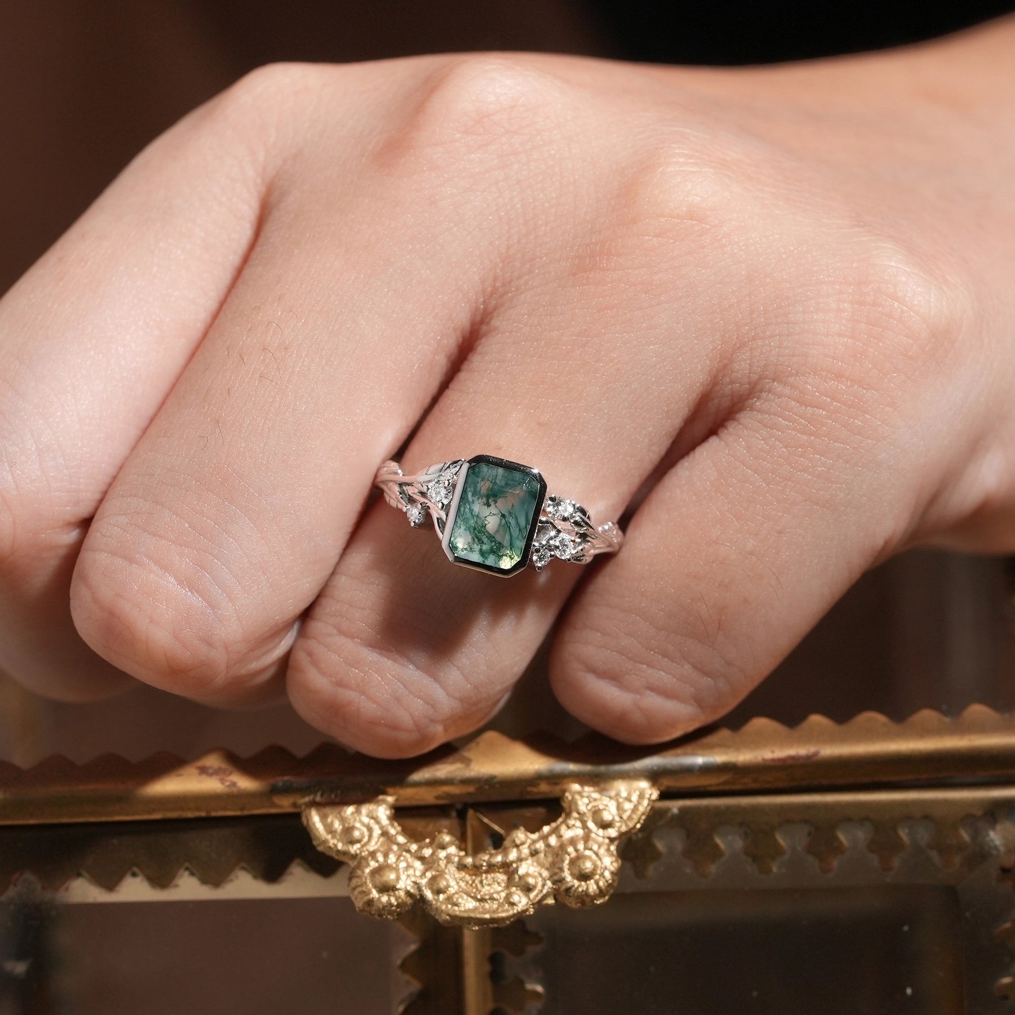 Dainty Emerald Cut Moss Agate Bazel Engagement Ring - Lily - GemsMagic
