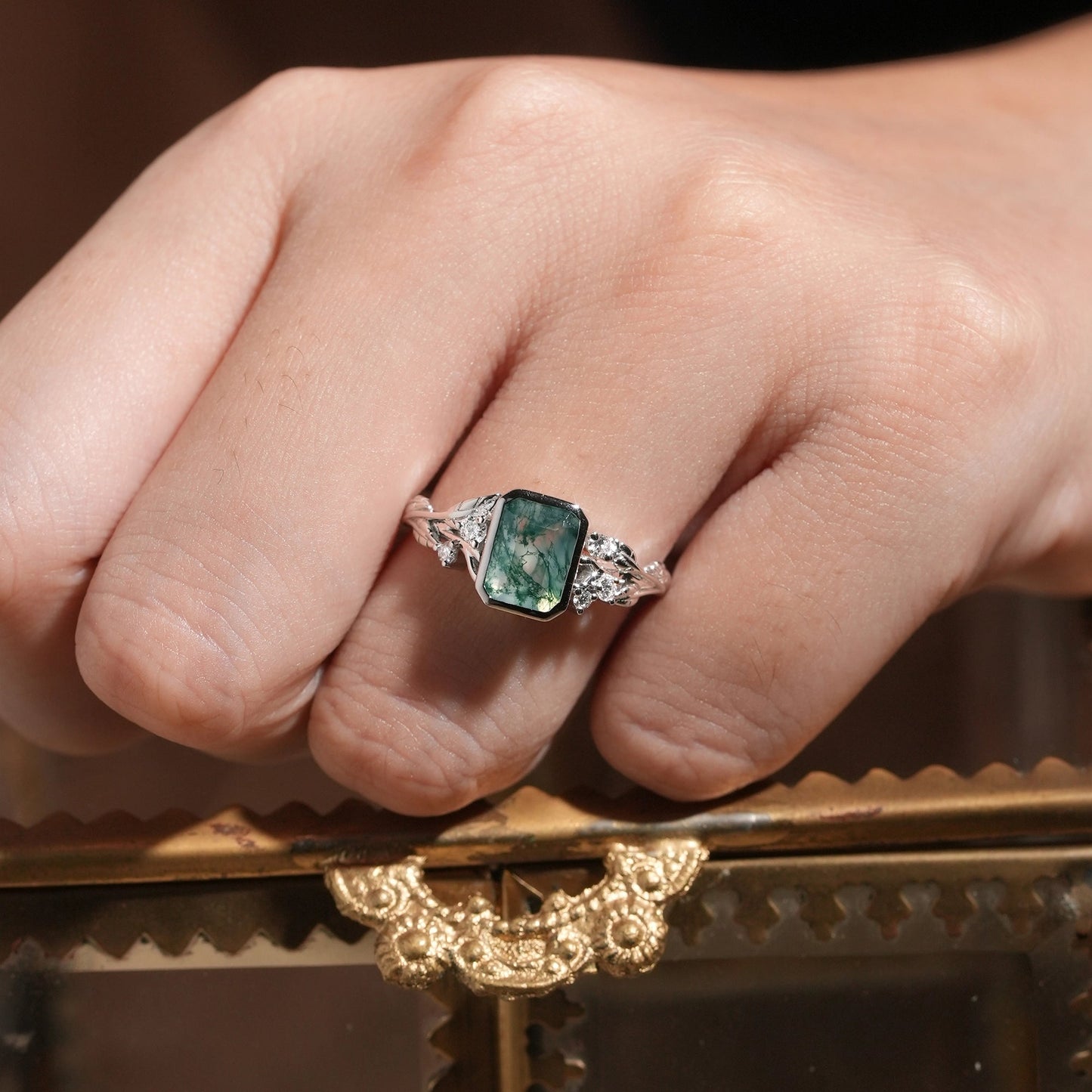Dainty Emerald Cut Moss Agate Bazel Engagement Ring - Lily - GemsMagic