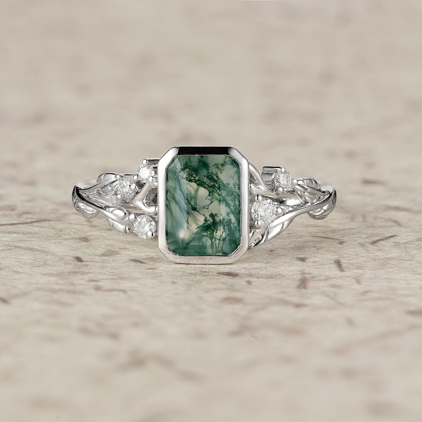 Dainty Emerald Cut Moss Agate Bazel Engagement Ring - Lily - GemsMagic