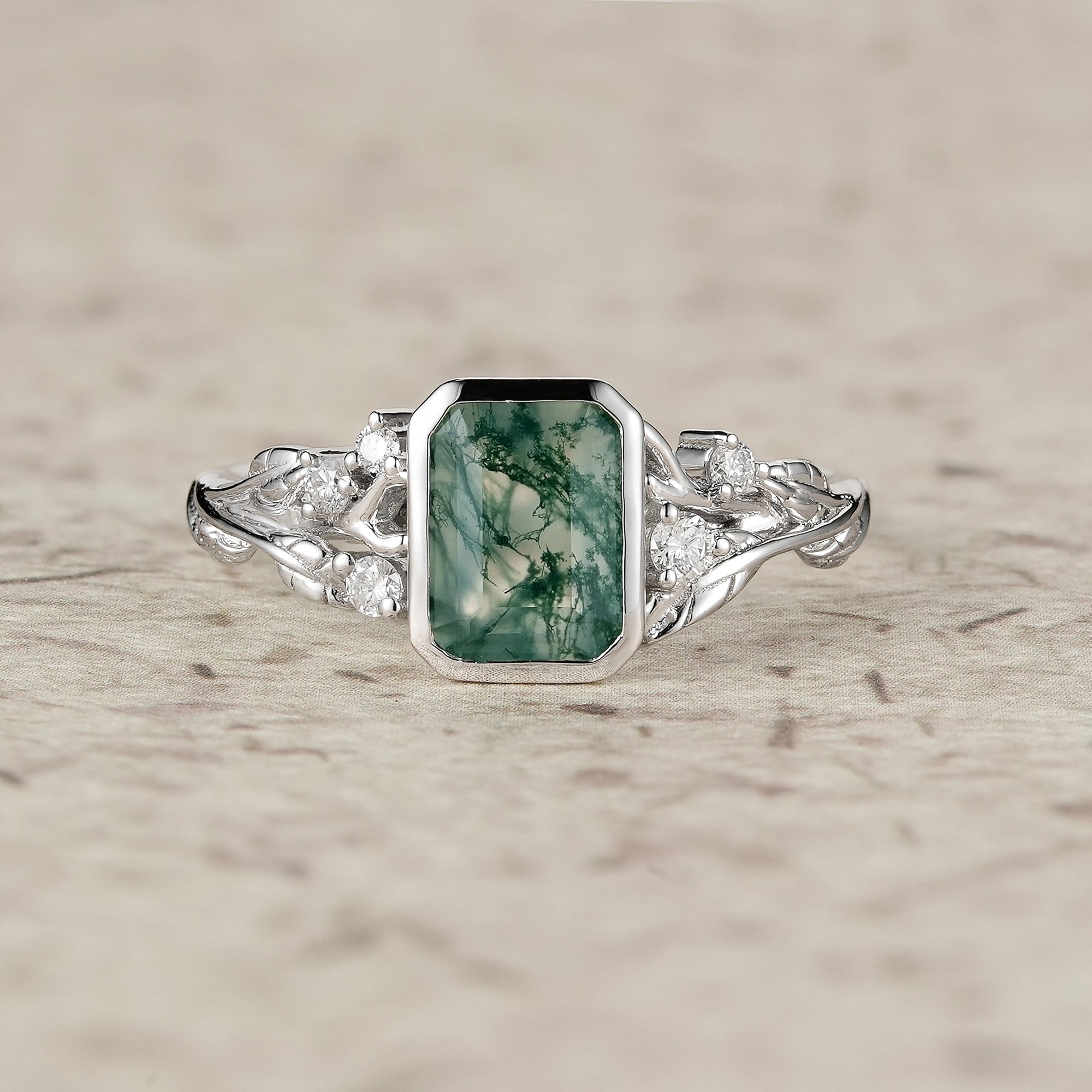 Dainty Emerald Cut Moss Agate Bazel Engagement Ring - Lily - GemsMagic