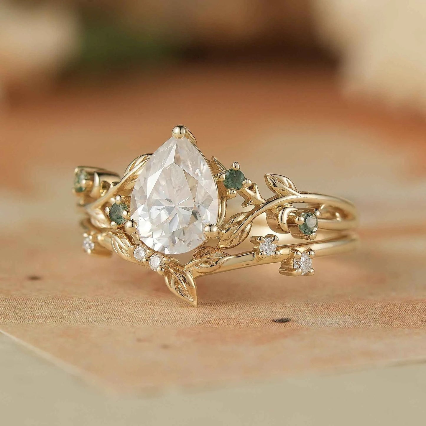 Dainty Moissanite & Moss Agate Bridal Set - Brooke - GemsMagic