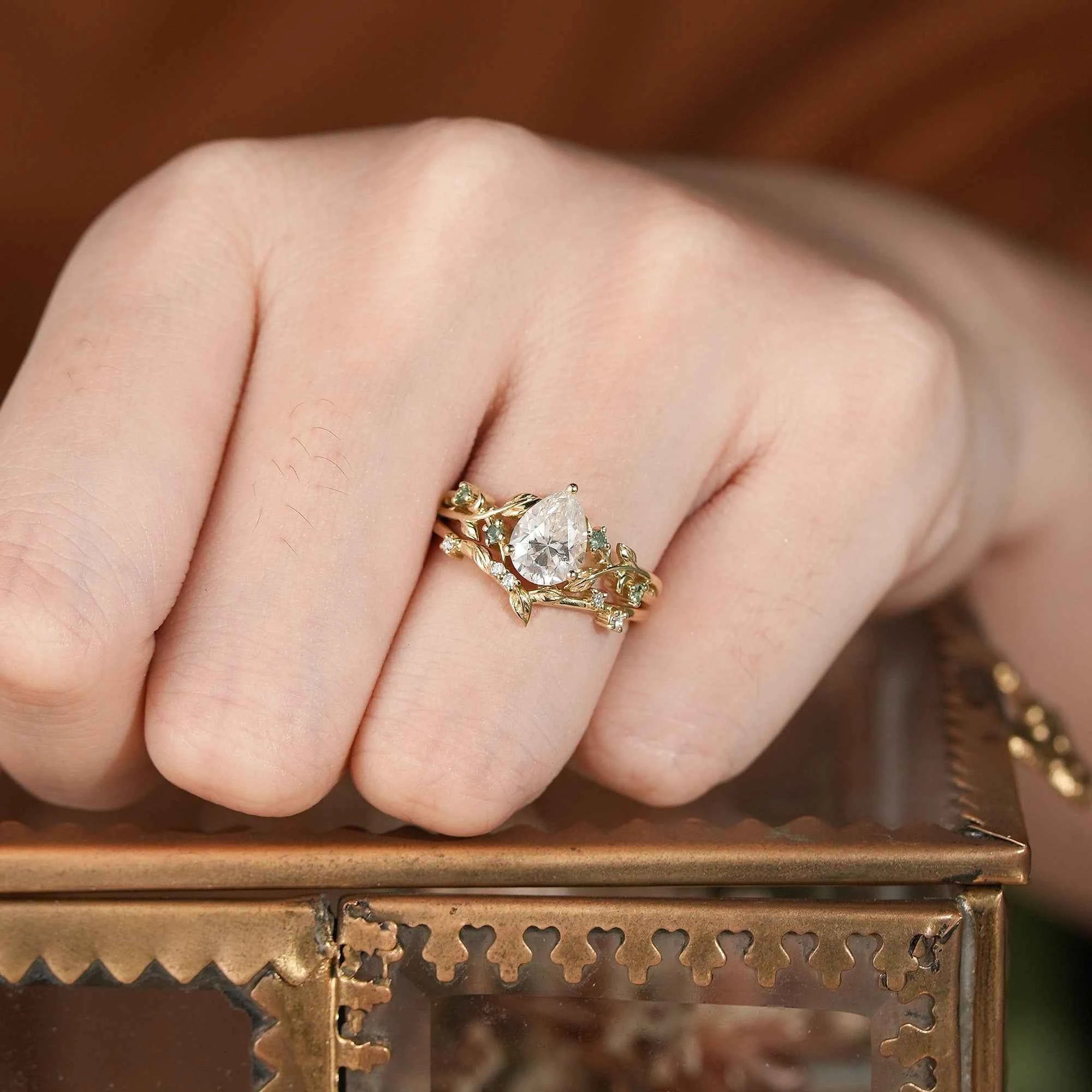 Dainty Moissanite & Moss Agate Bridal Set - Brooke - GemsMagic