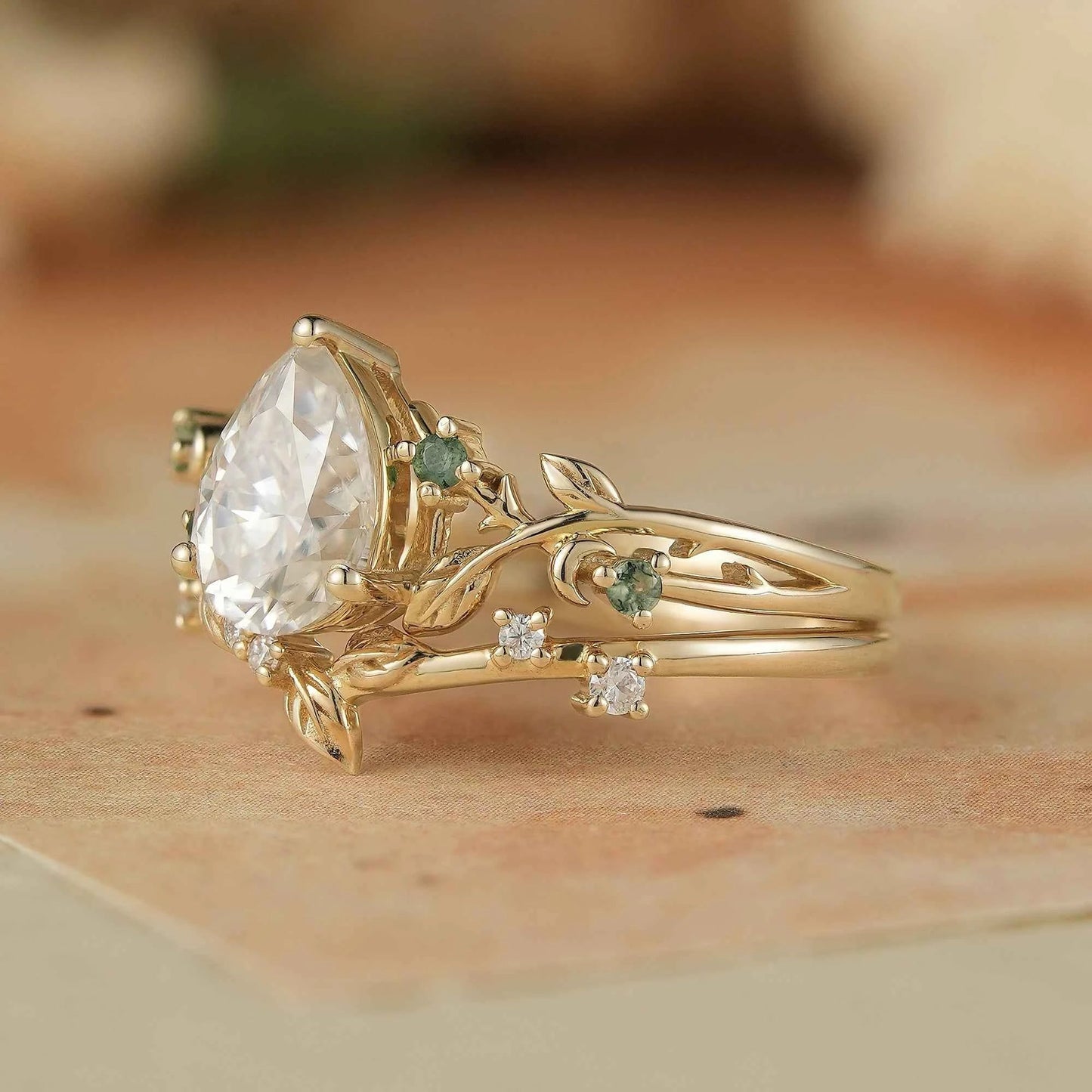 Dainty Moissanite & Moss Agate Bridal Set - Brooke - GemsMagic