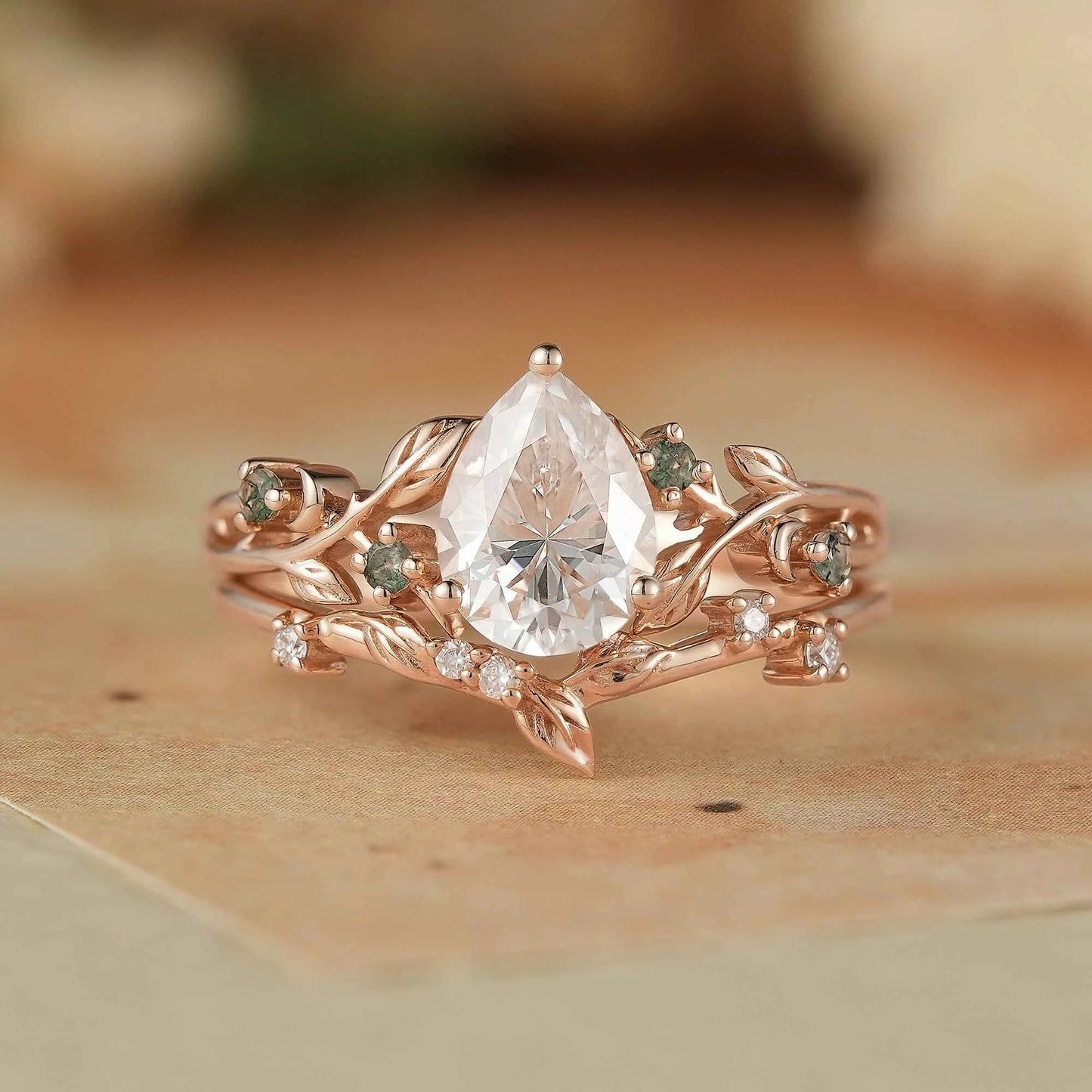 Dainty Moissanite & Moss Agate Bridal Set - Brooke - GemsMagic