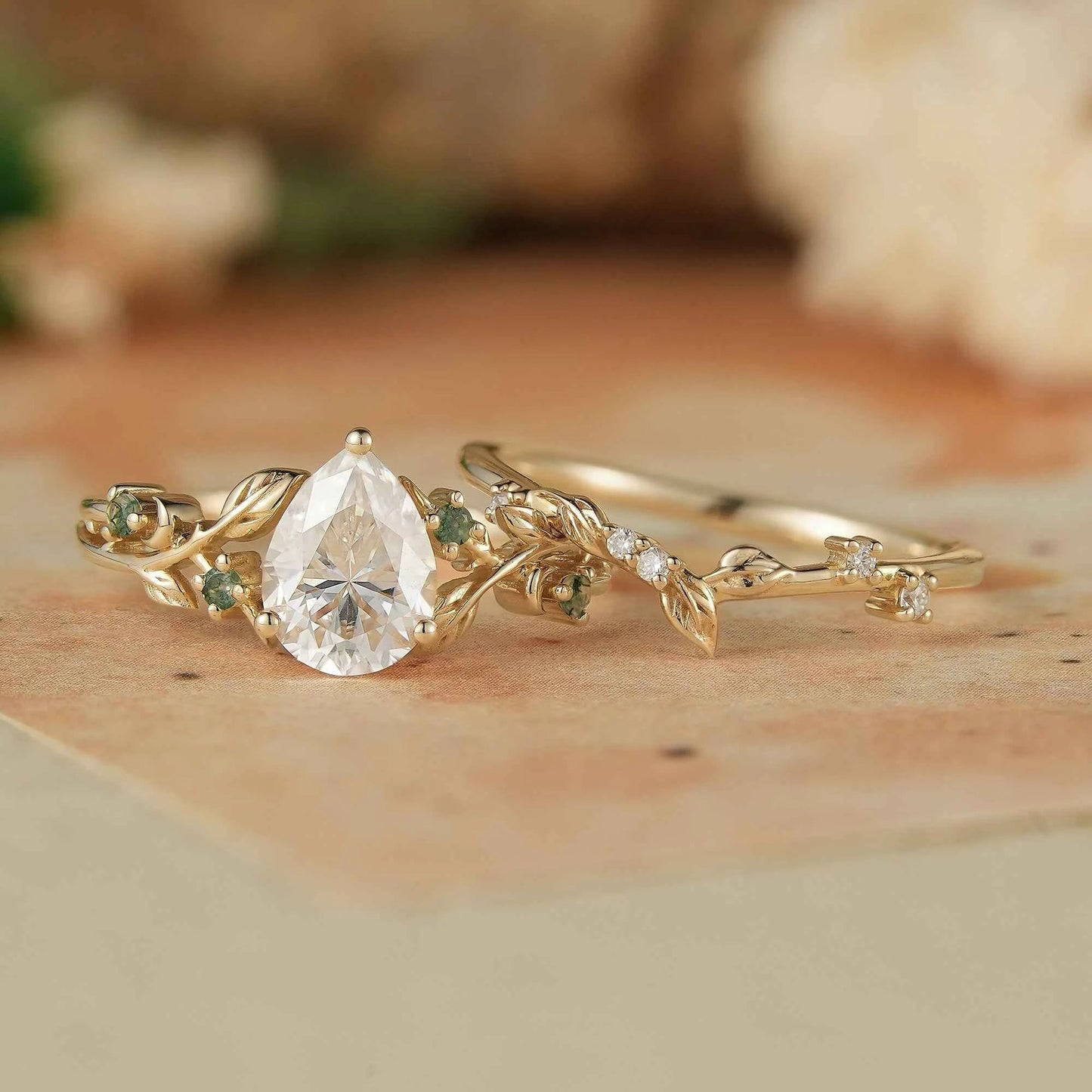 Dainty Moissanite & Moss Agate Bridal Set - Brooke - GemsMagic