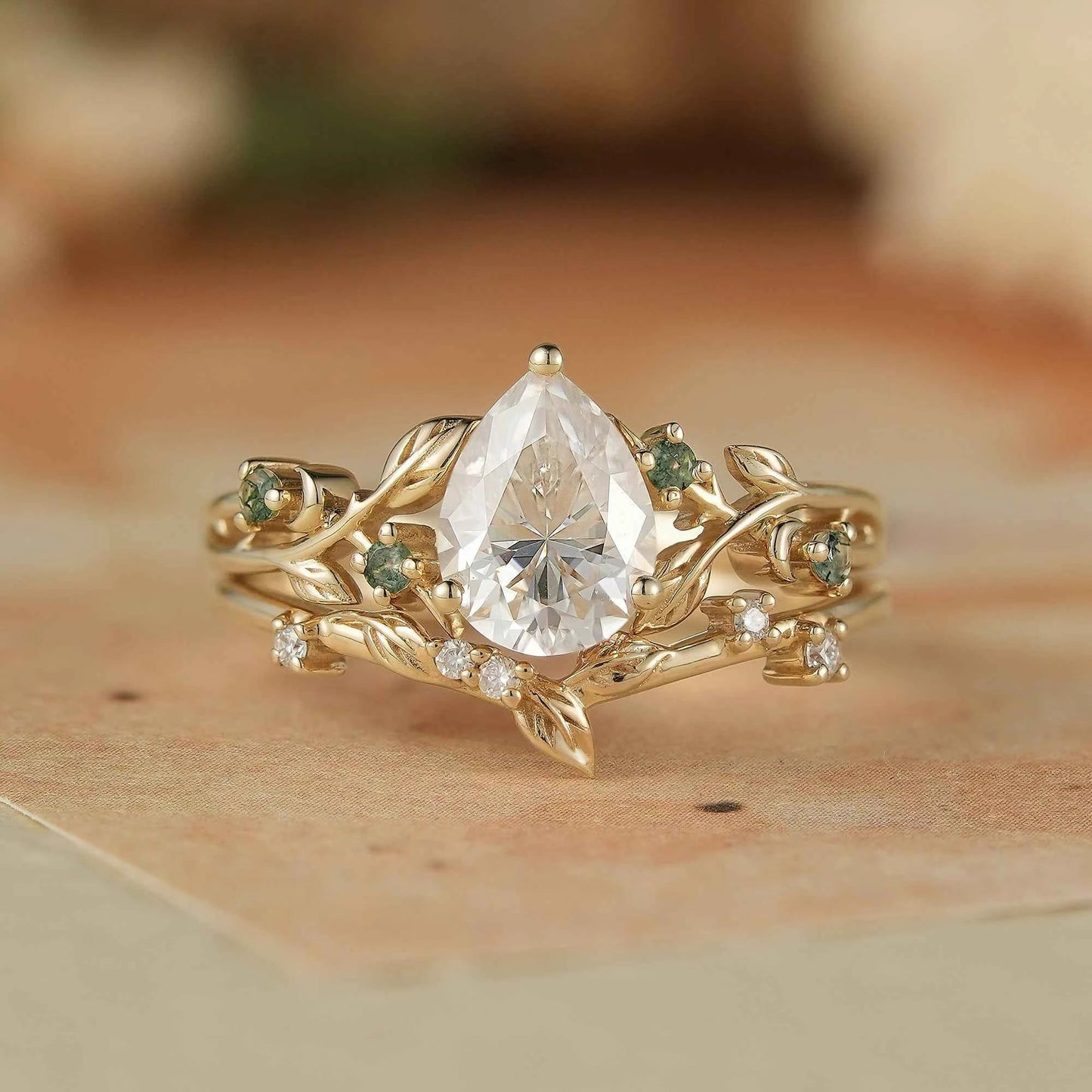 Dainty Moissanite & Moss Agate Bridal Set - Brooke - GemsMagic