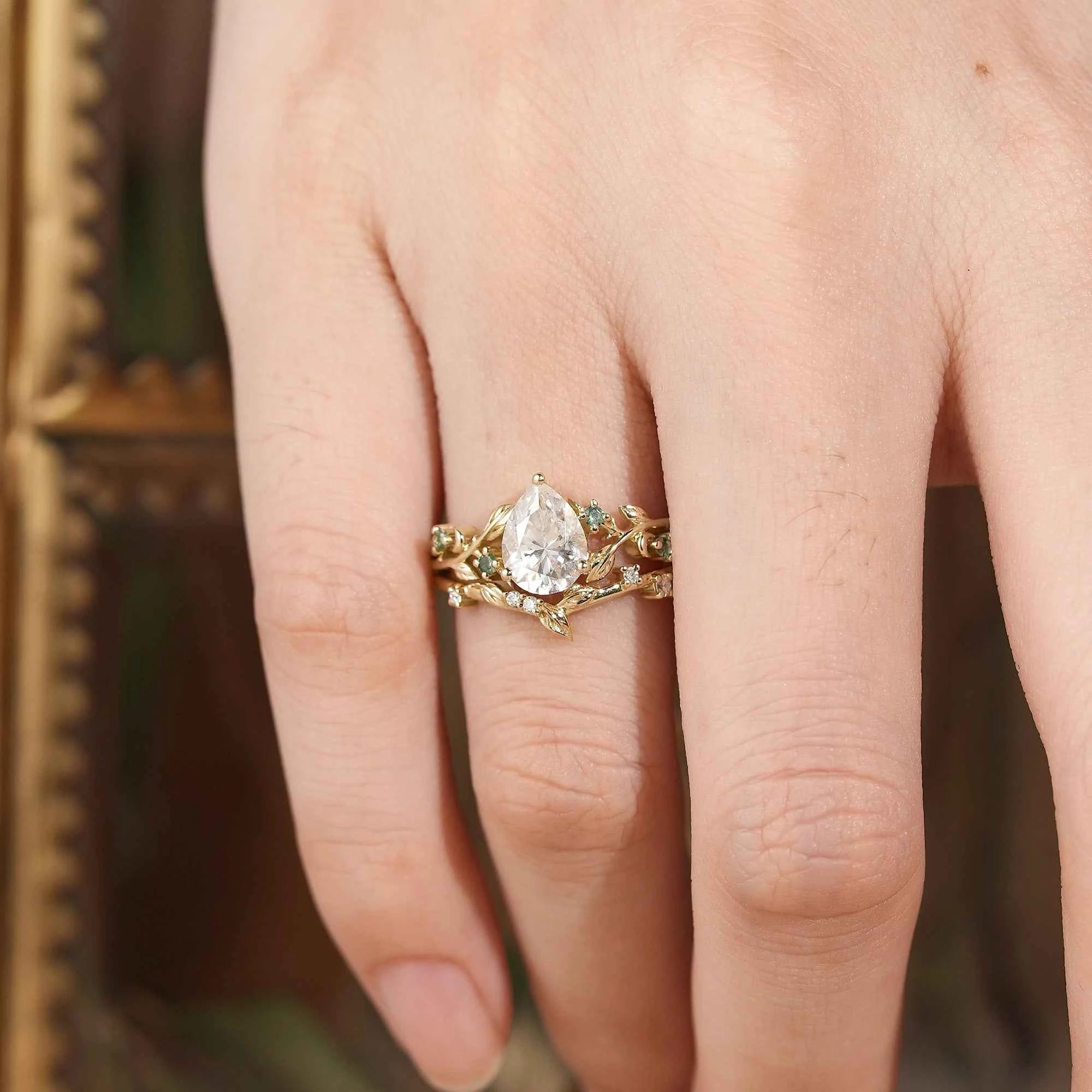 Dainty Moissanite & Moss Agate Bridal Set - Brooke - GemsMagic