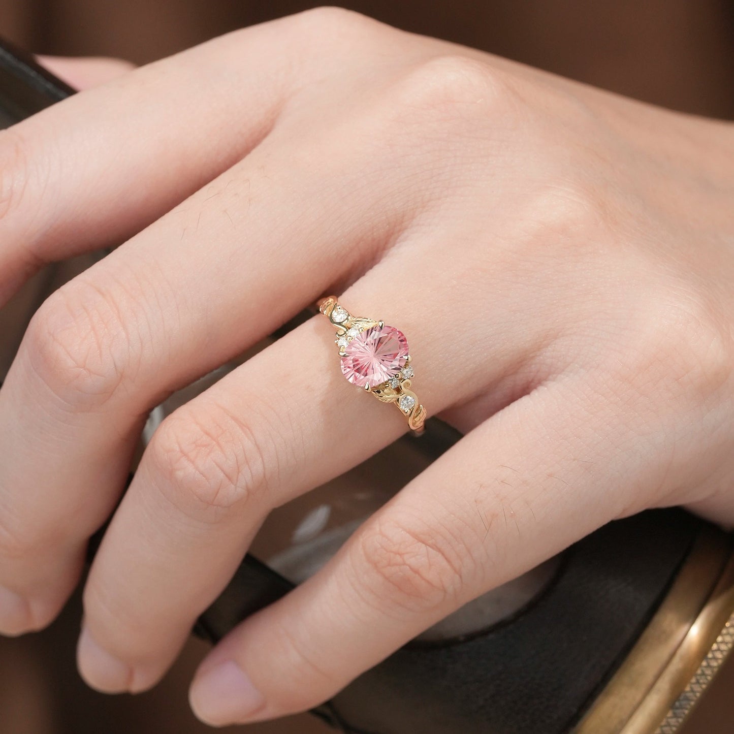 Dainty Sparkle Cut Pink Sapphire Leaf Engagement Ring - Lila - GemsMagic