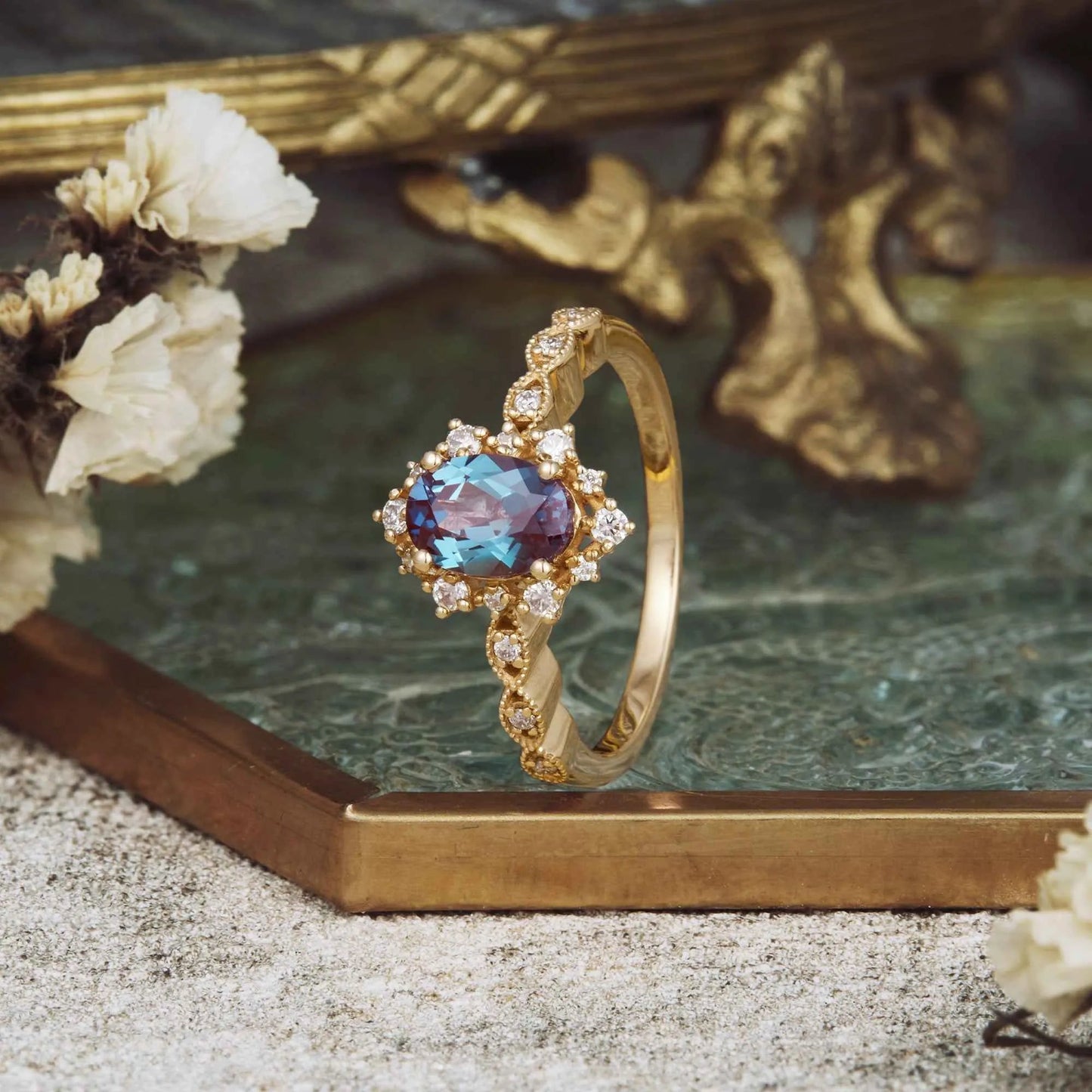 Delicate Oval Alexandrite Cluster Engagement Ring - GemsMagic - GemsMagic