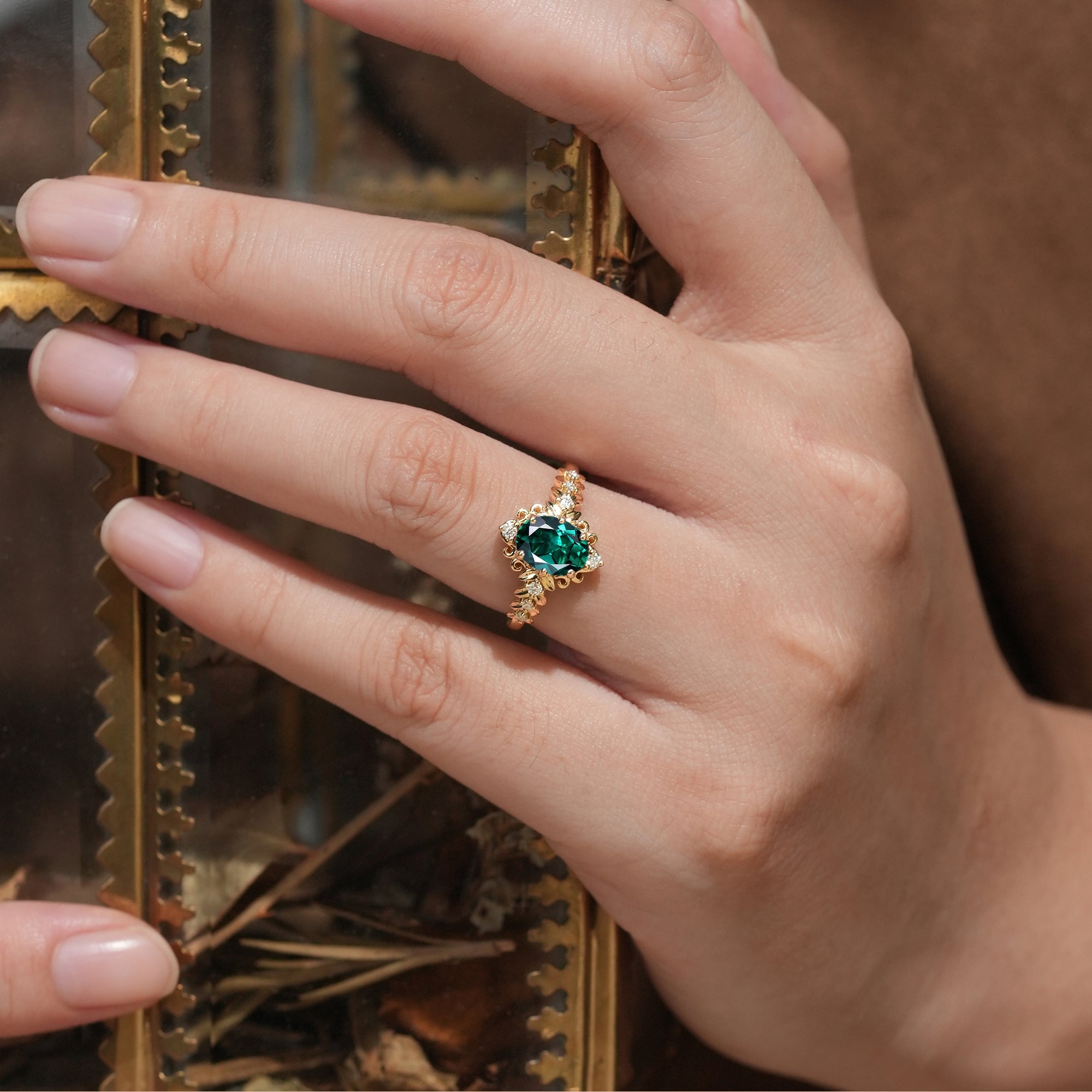 Elegant Emerald Filigree Leaf Engagement Ring - Odette - GemsMagic