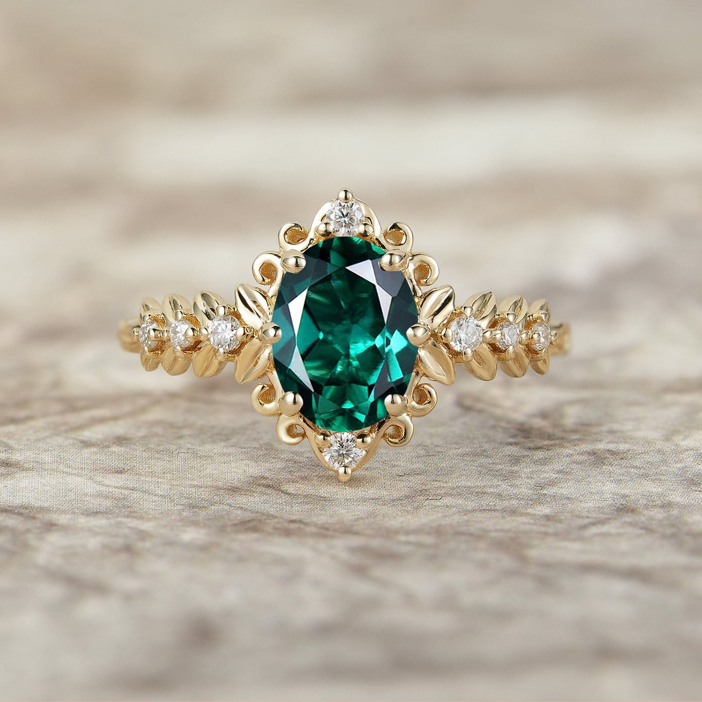 Elegant Emerald Filigree Leaf Engagement Ring - Odette - GemsMagic