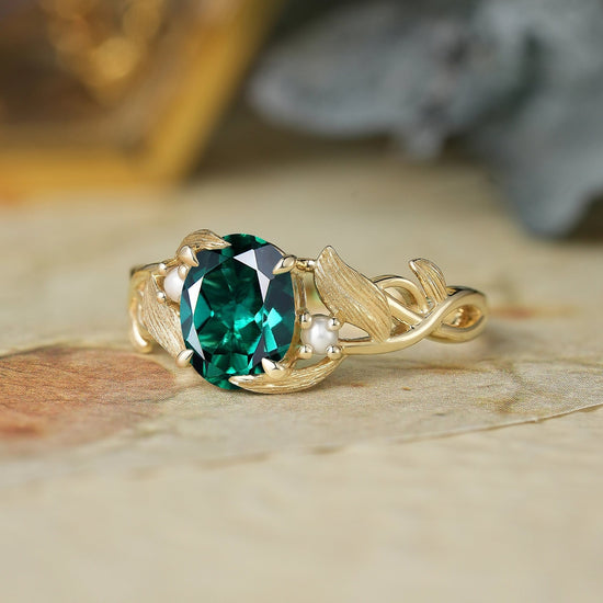 Elegant Oval Cut Emerald Brushed Gold Leaf Ring - Thea - GemsMagic