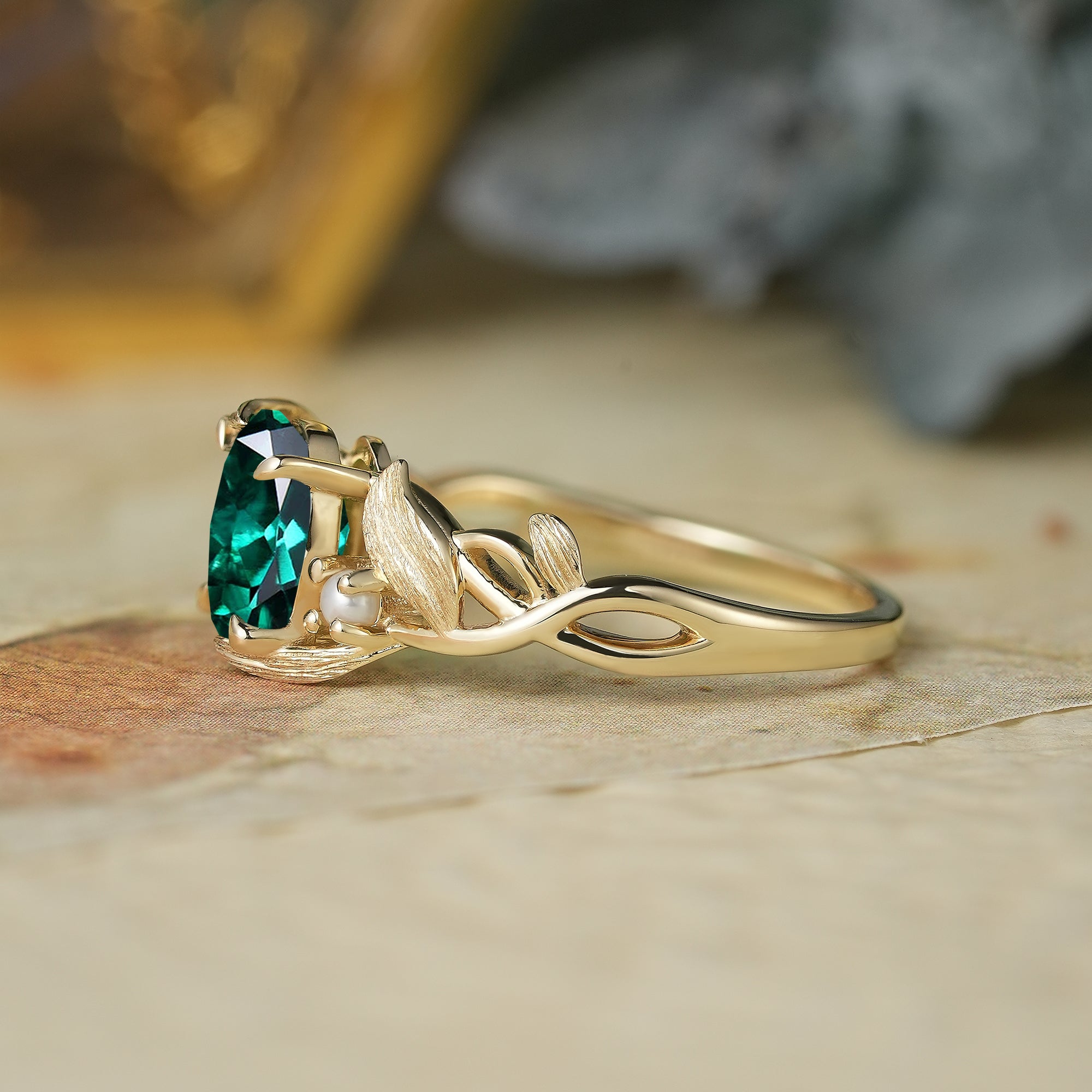 Elegant Oval Cut Emerald Brushed Gold Leaf Ring - Thea (925 Silver) - GemsMagic